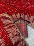 Bridal Red Chinia Silk Moti Lace Work Banarasi Saree
