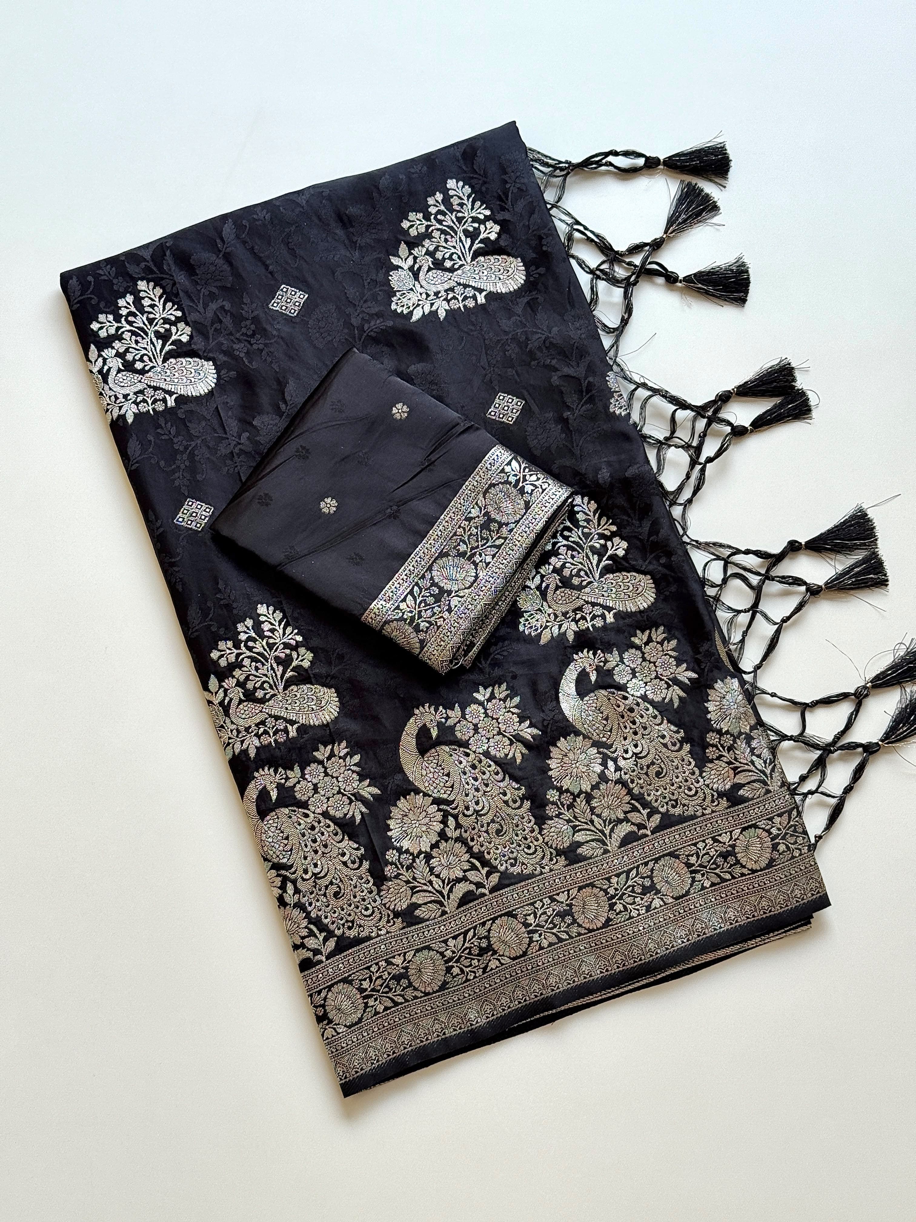 Black Banarasi Jacquard Saree with Silver Zari Peacock Border & Blouse Piece