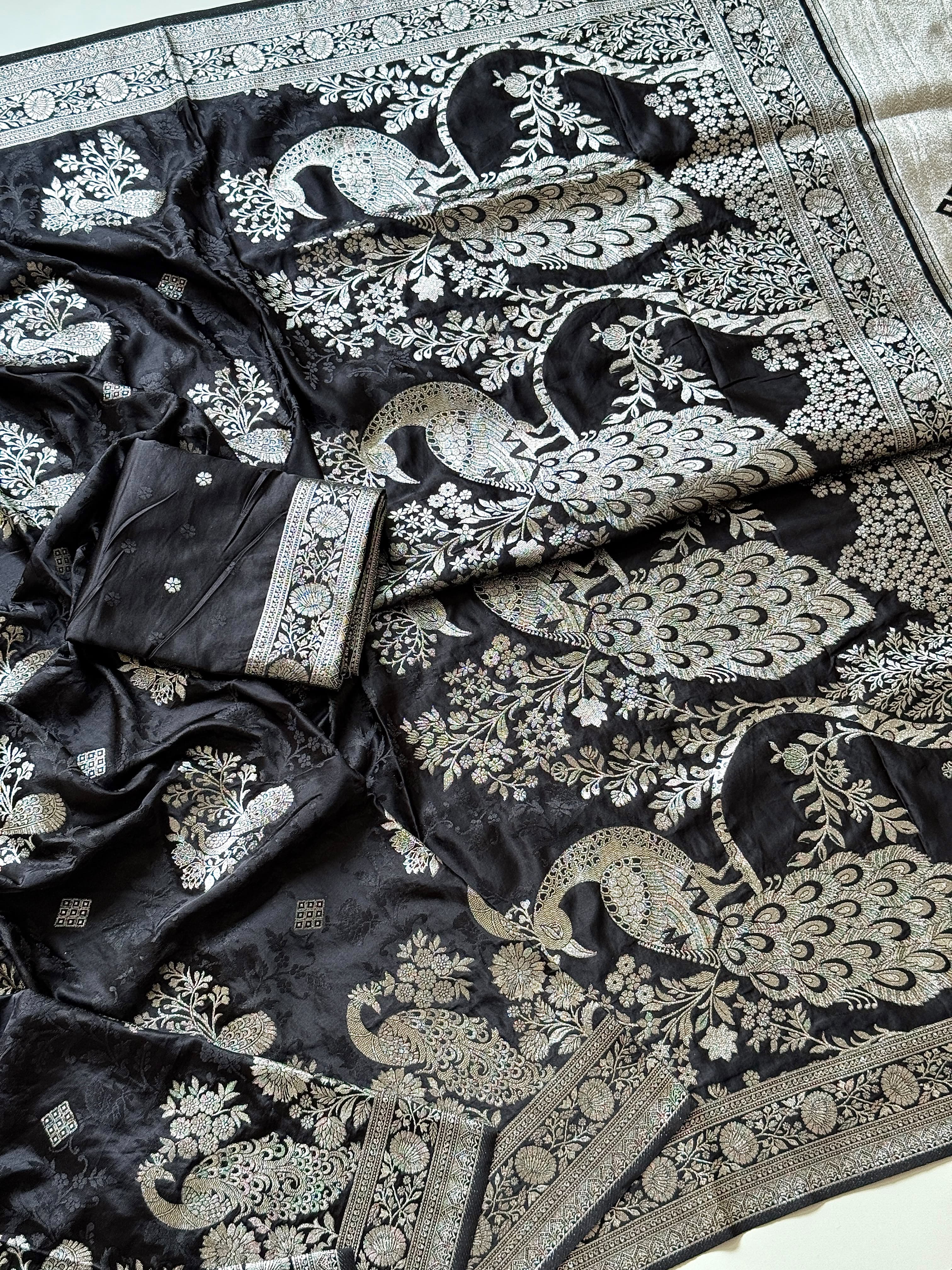 Black Banarasi Jacquard Saree with Silver Zari Peacock Border & Blouse Piece