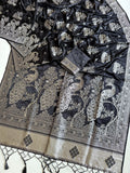 Black Banarasi Jacquard Saree with Silver Zari Peacock Border & Blouse Piece