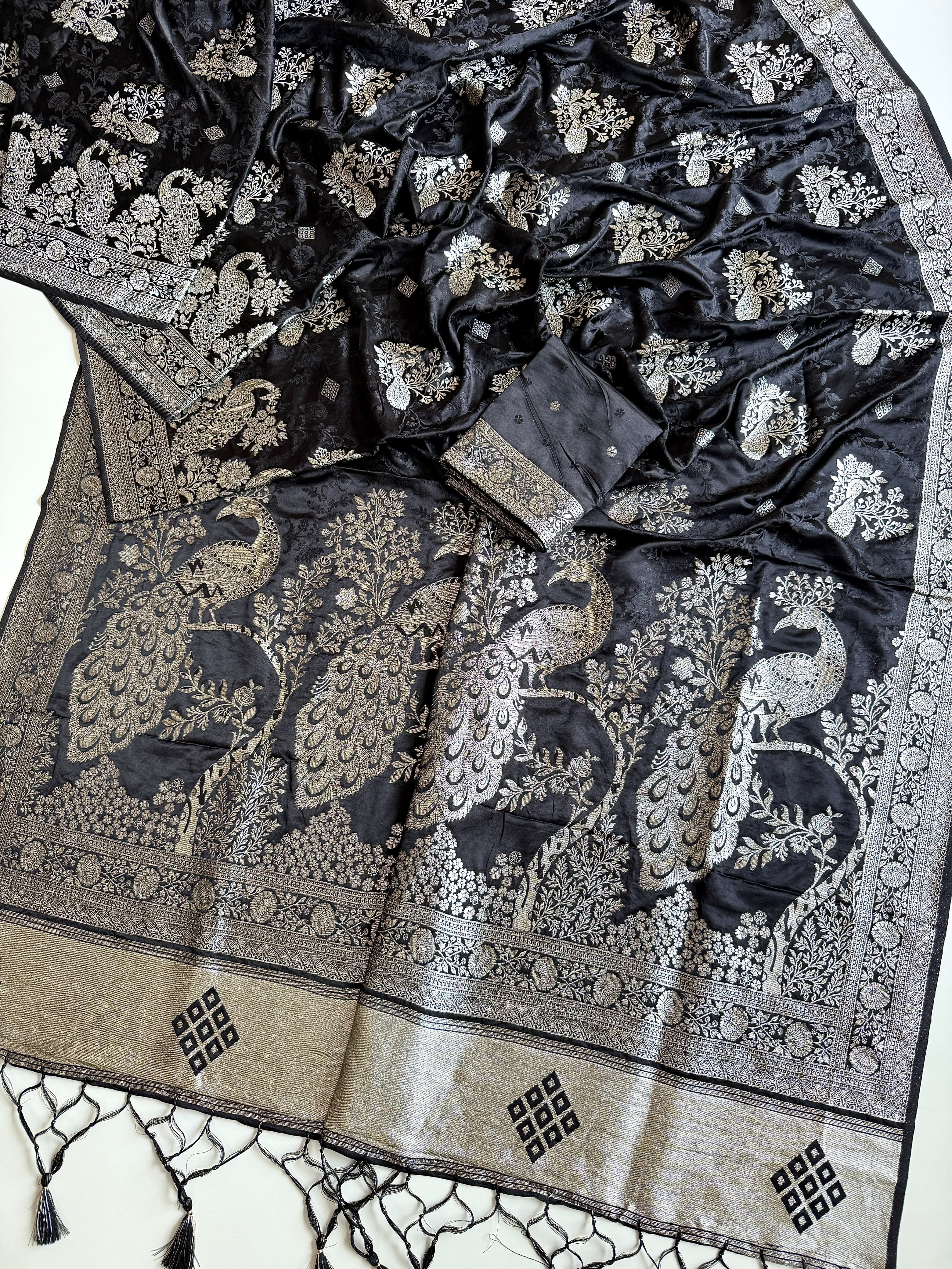 Black Banarasi Jacquard Saree with Silver Zari Peacock Border & Blouse Piece