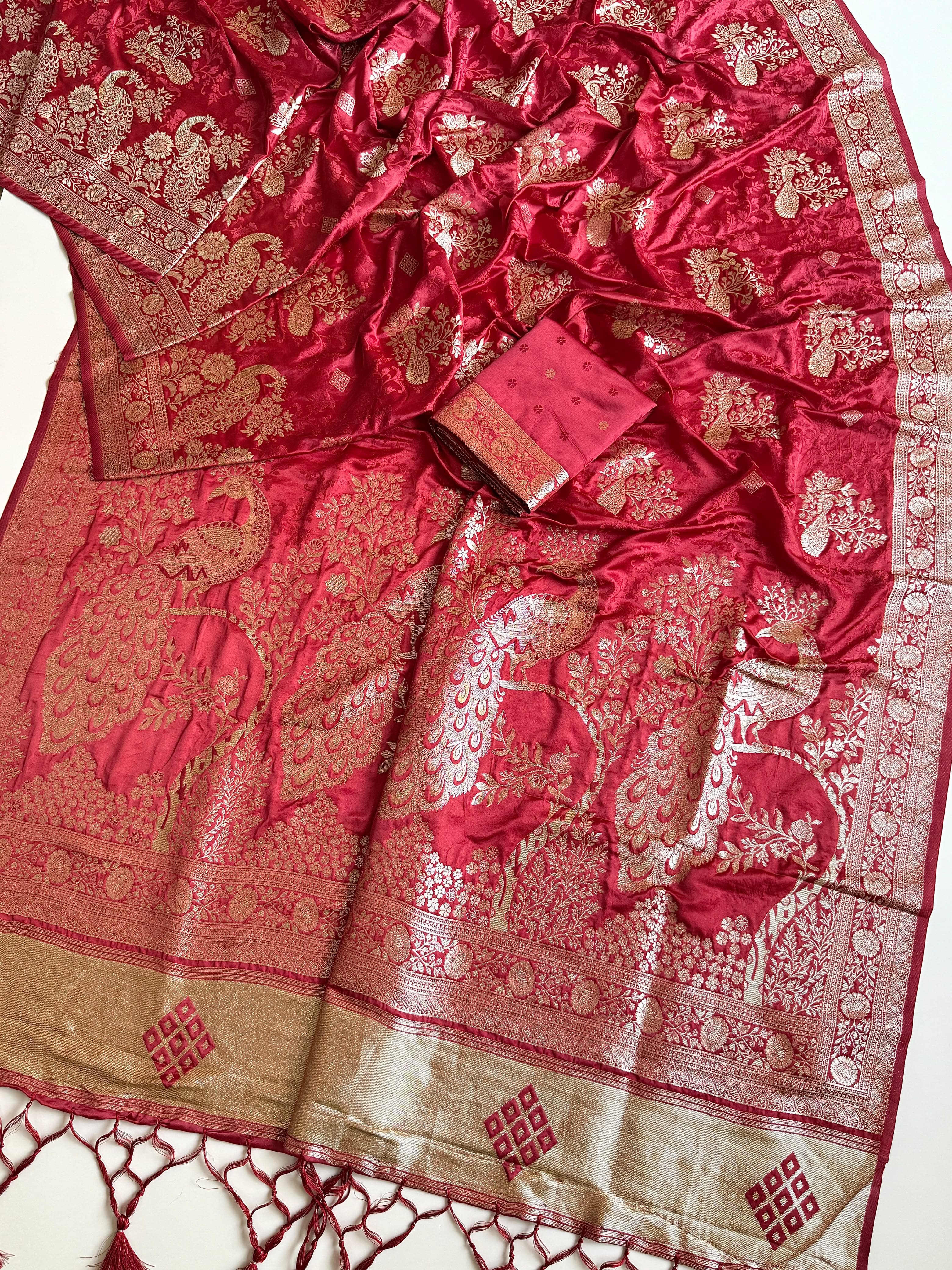 Rani Pink Banarasi Jacquard Saree with Grand Peacock Zari Border & Blouse Piece