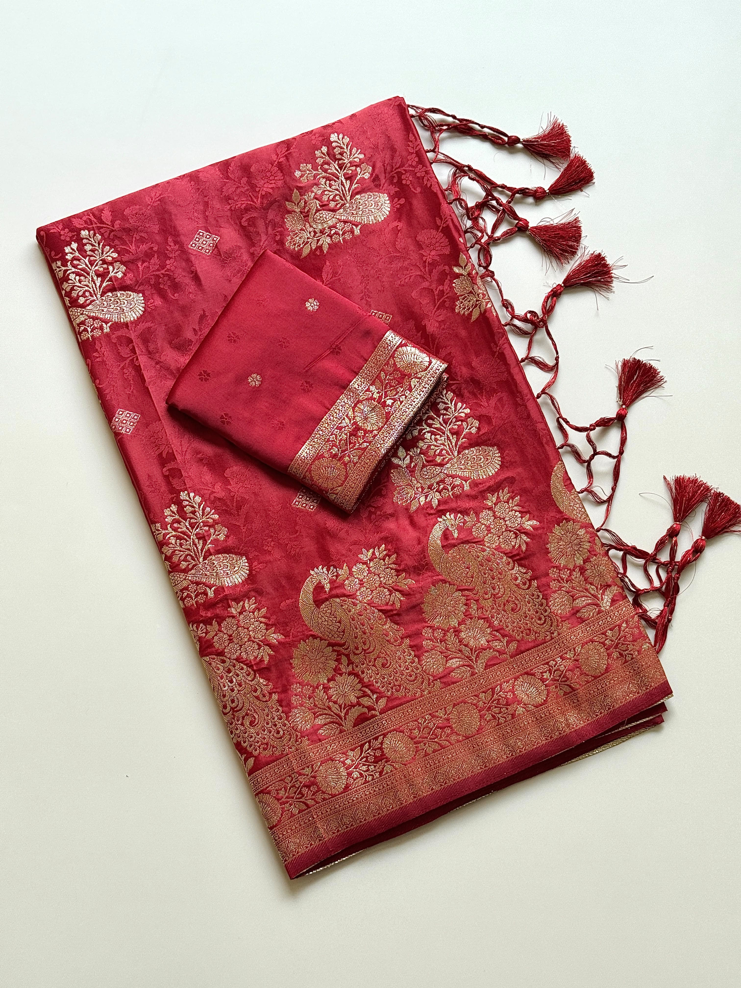 Rani Pink Banarasi Jacquard Saree with Grand Peacock Zari Border & Blouse Piece