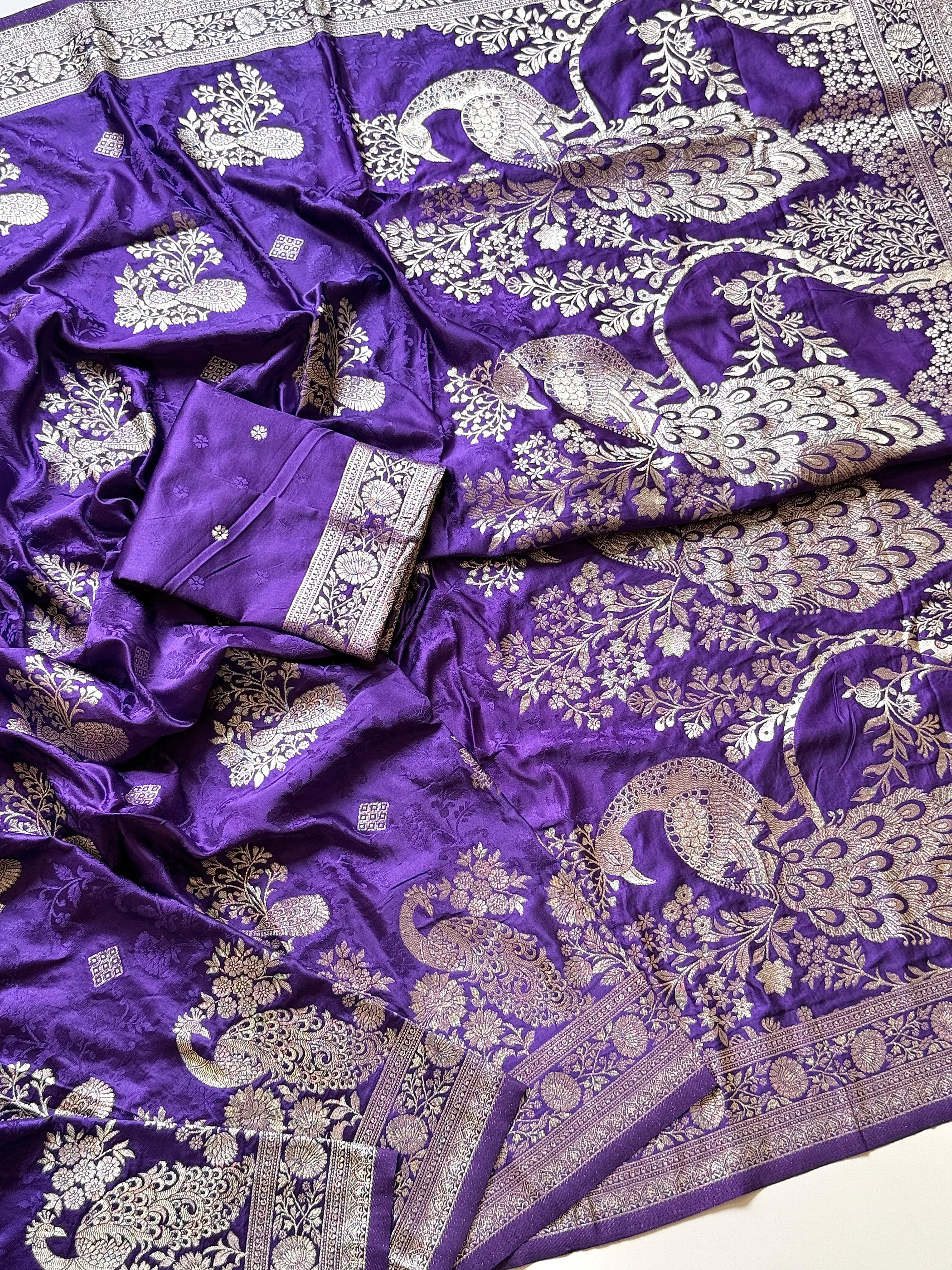 Royal Purple Banarasi Jacquard Saree with Silver Zari Peacock Border & Blouse Piece