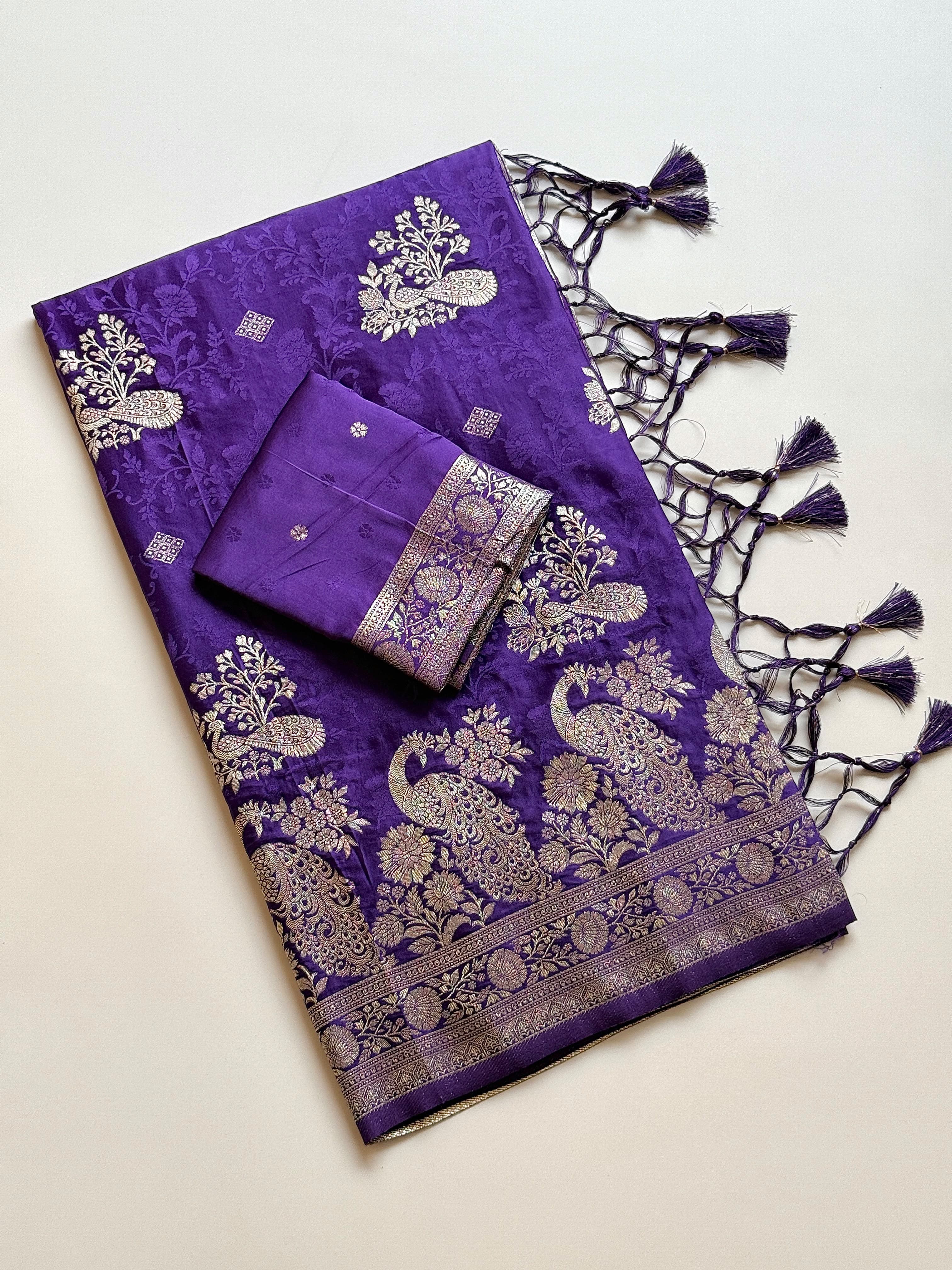 Royal Purple Banarasi Jacquard Saree with Silver Zari Peacock Border & Blouse Piece