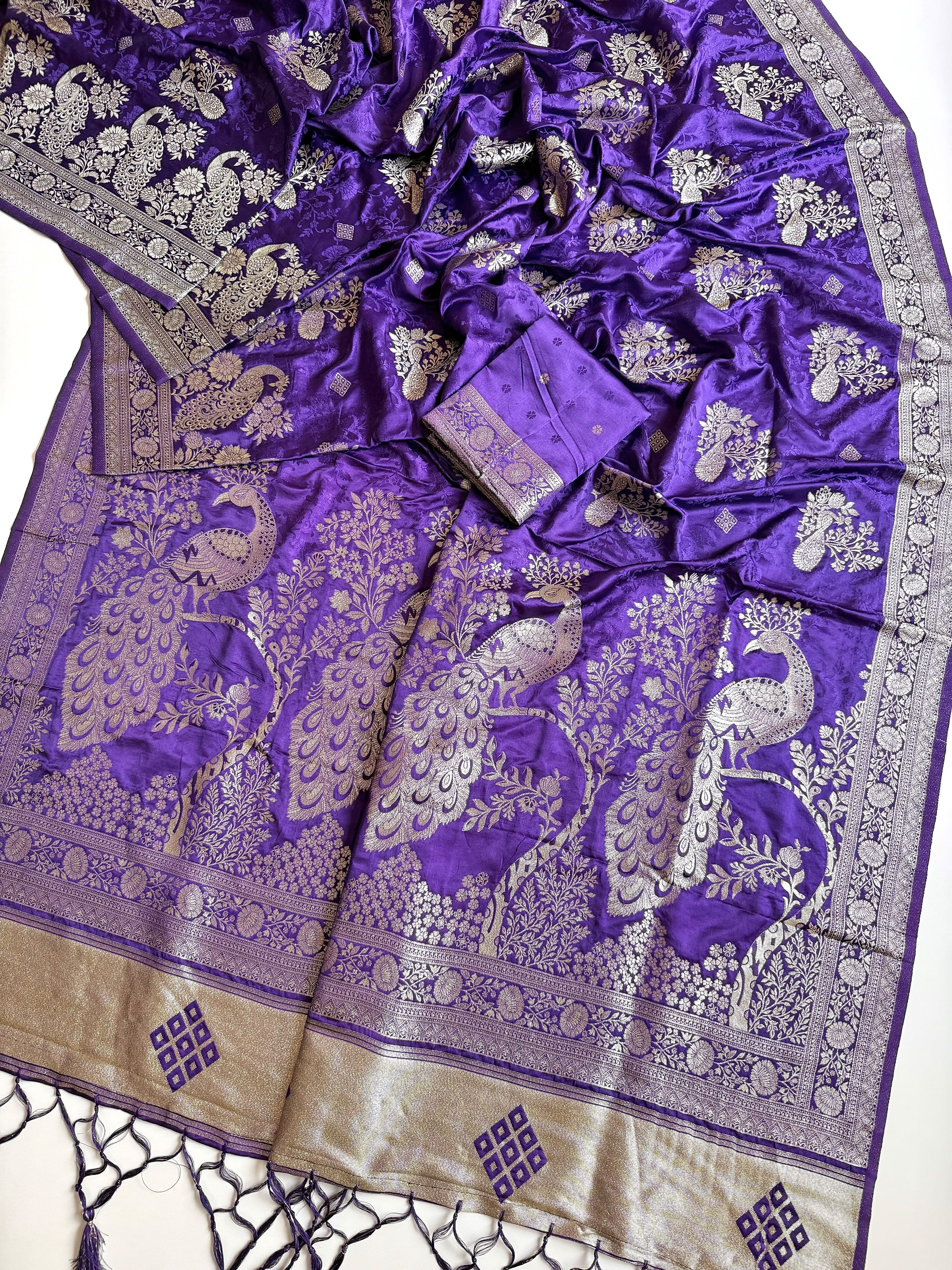 Royal Purple Banarasi Jacquard Saree with Silver Zari Peacock Border & Blouse Piece