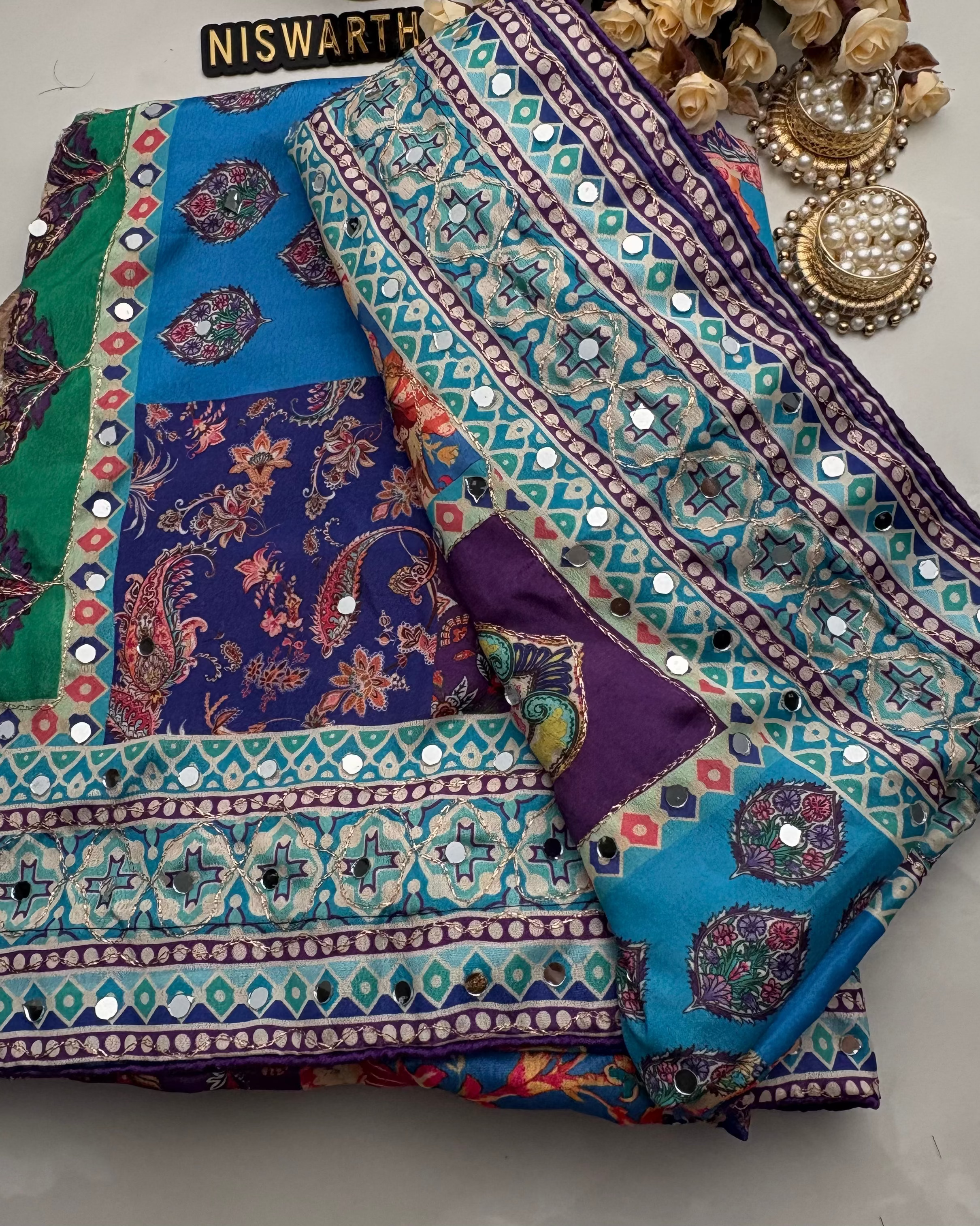 Blue Soft Chinnon Saree With Gold Zari & Mirror Work
