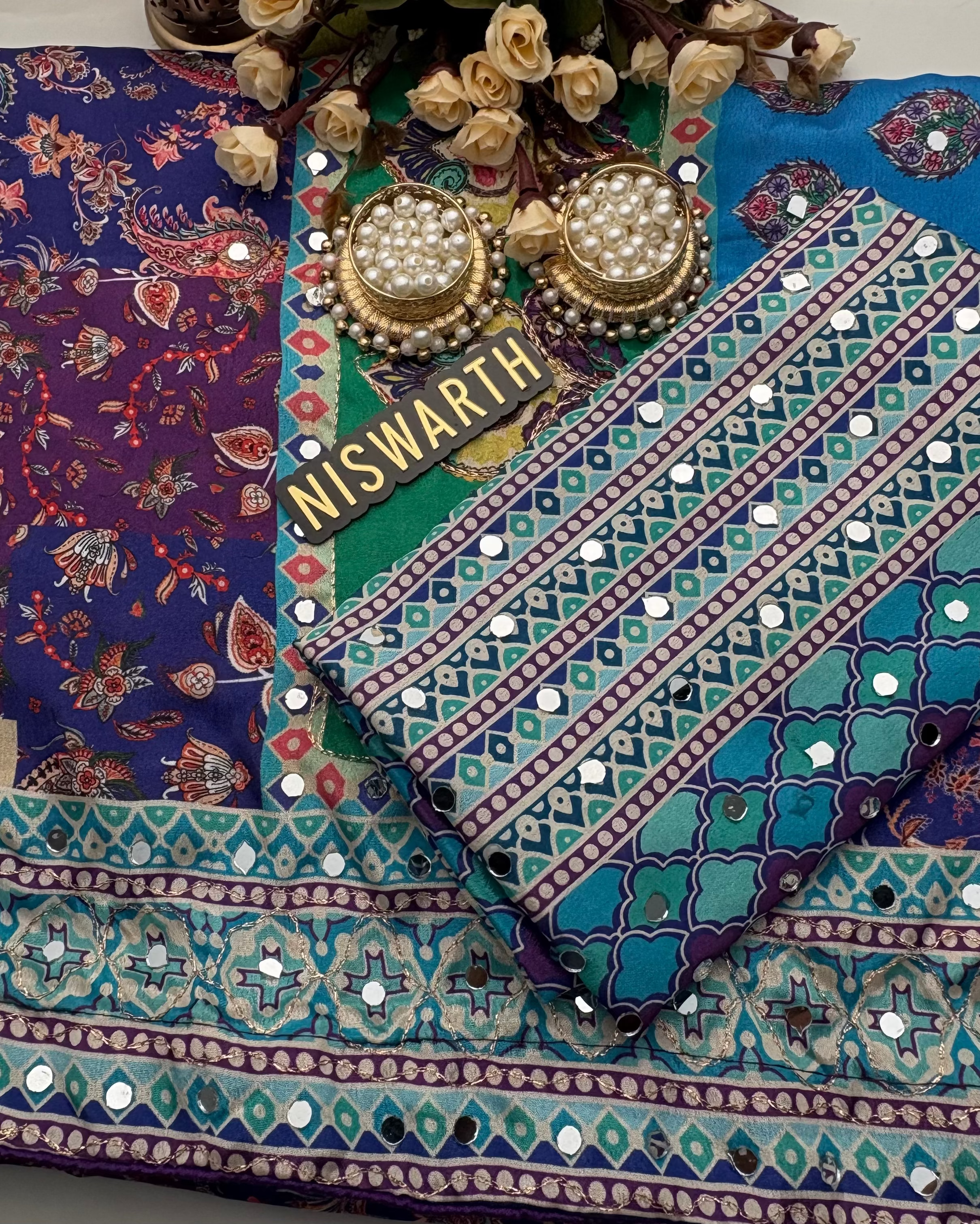 Blue Soft Chinnon Saree With Gold Zari & Mirror Work