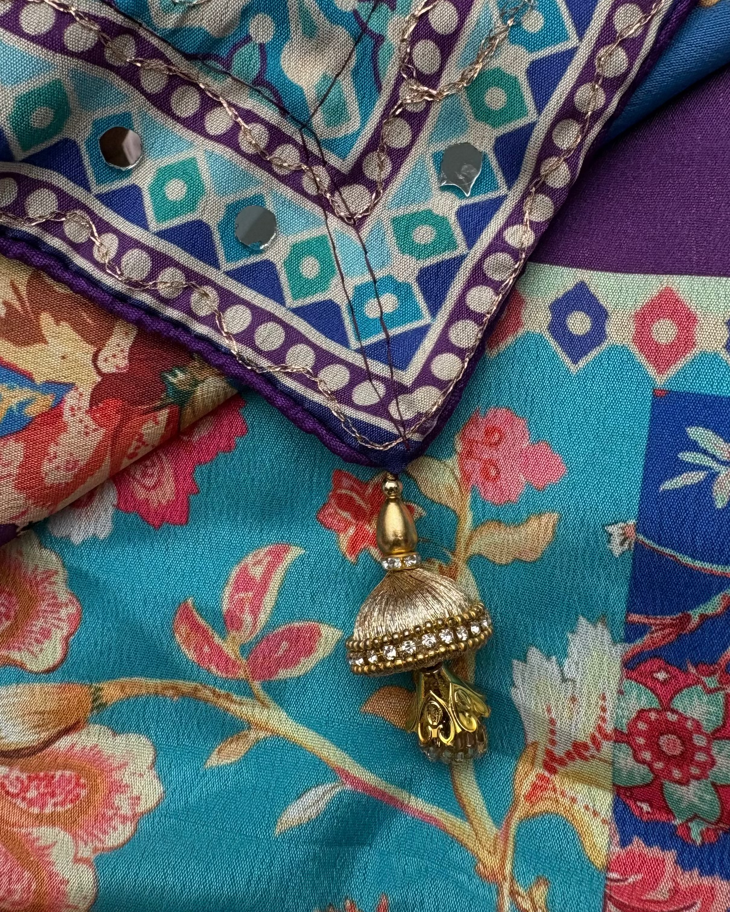 Blue Soft Chinnon Saree With Gold Zari & Mirror Work