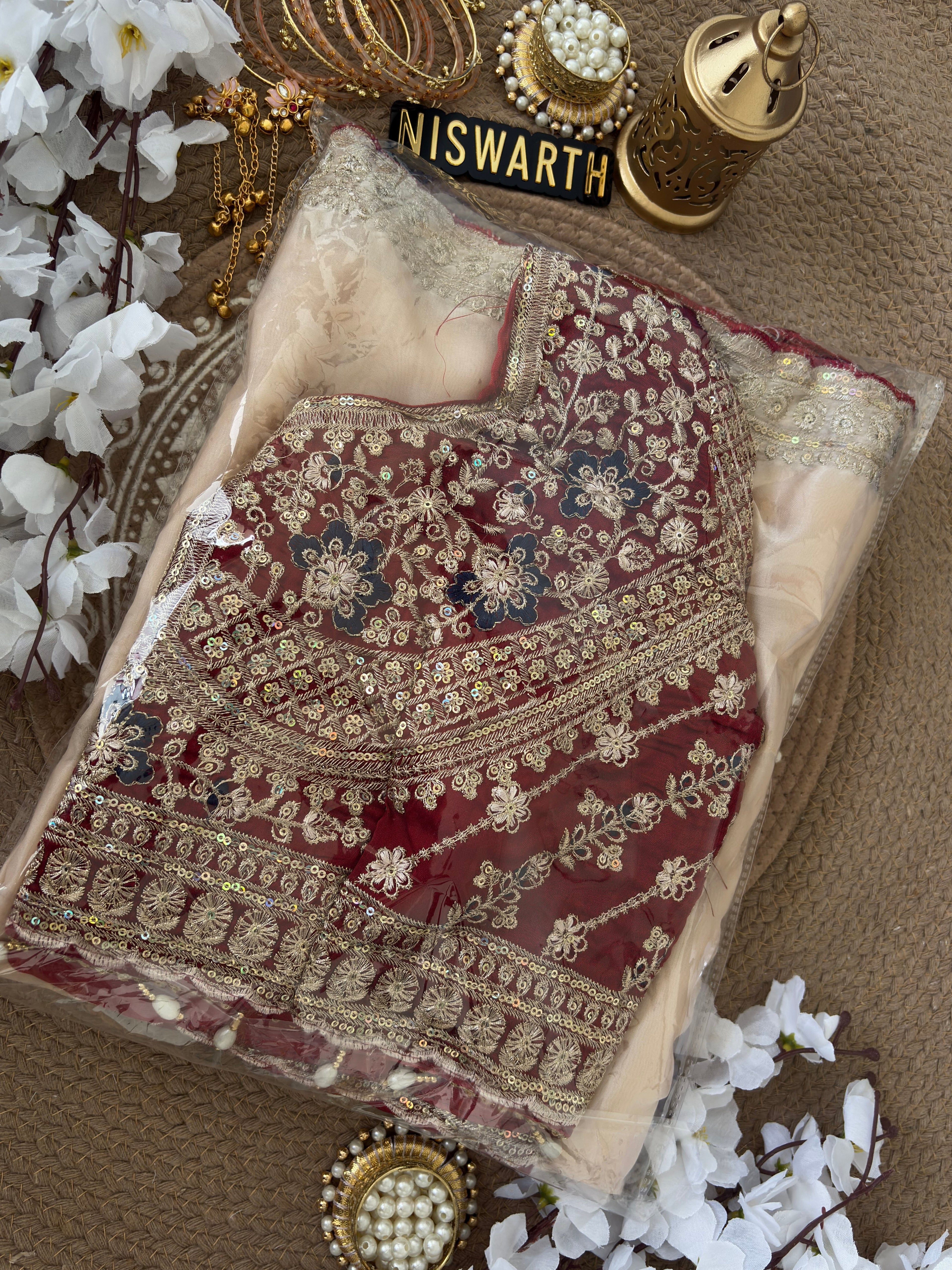 Ivory White Designer Saree with Maroon Embroidered Blouse