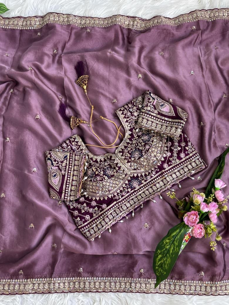 Lavender Pearl Embroidered Designer Saree with Heavy Work Blouse