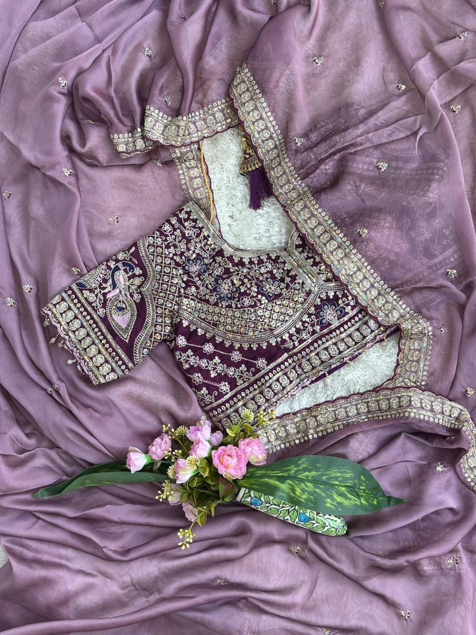 Lavender Pearl Embroidered Designer Saree with Heavy Work Blouse