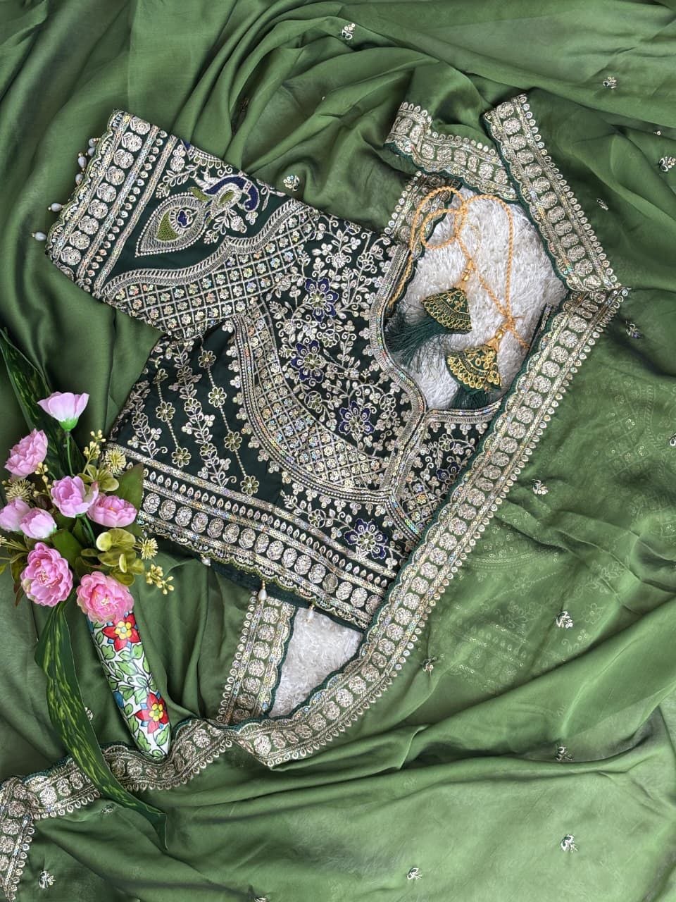Olive Green Embroidered Designer Saree with Sequins Work Blouse