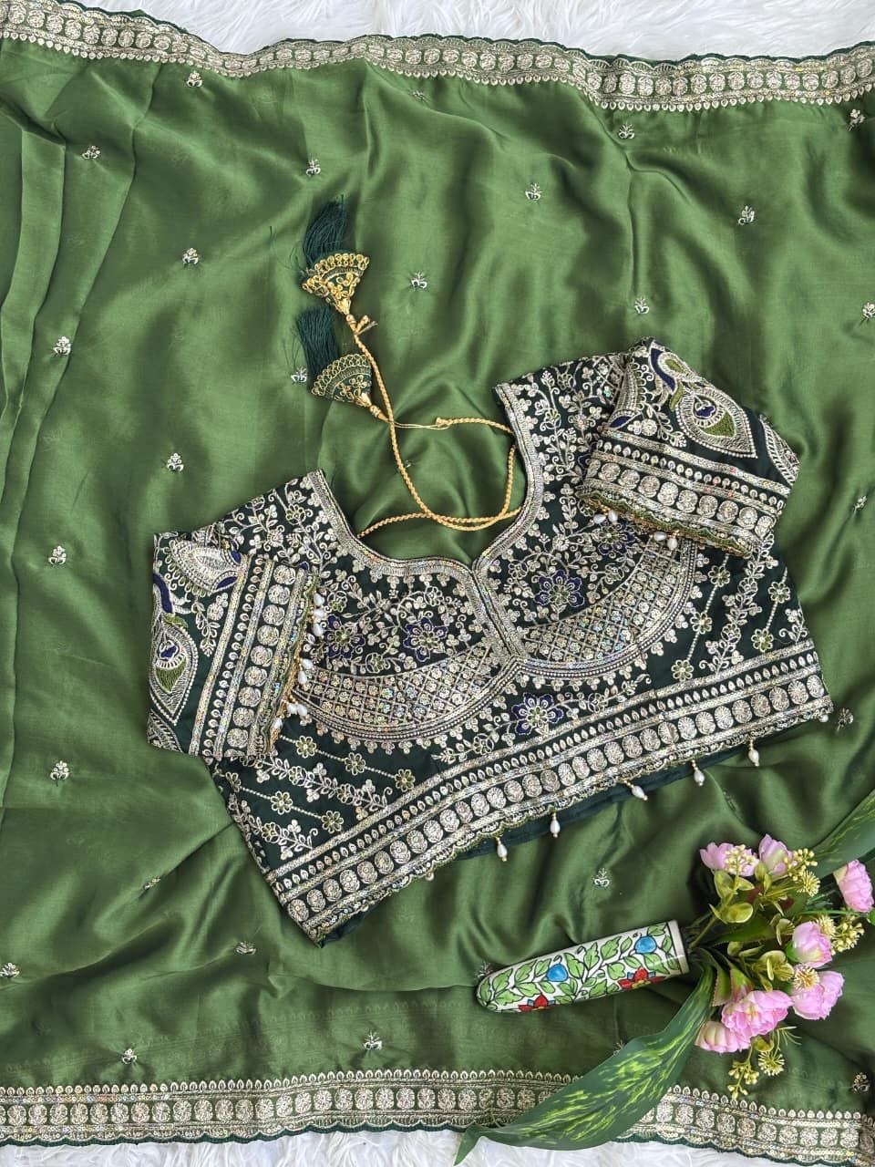 Olive Green Embroidered Designer Saree with Sequins Work Blouse