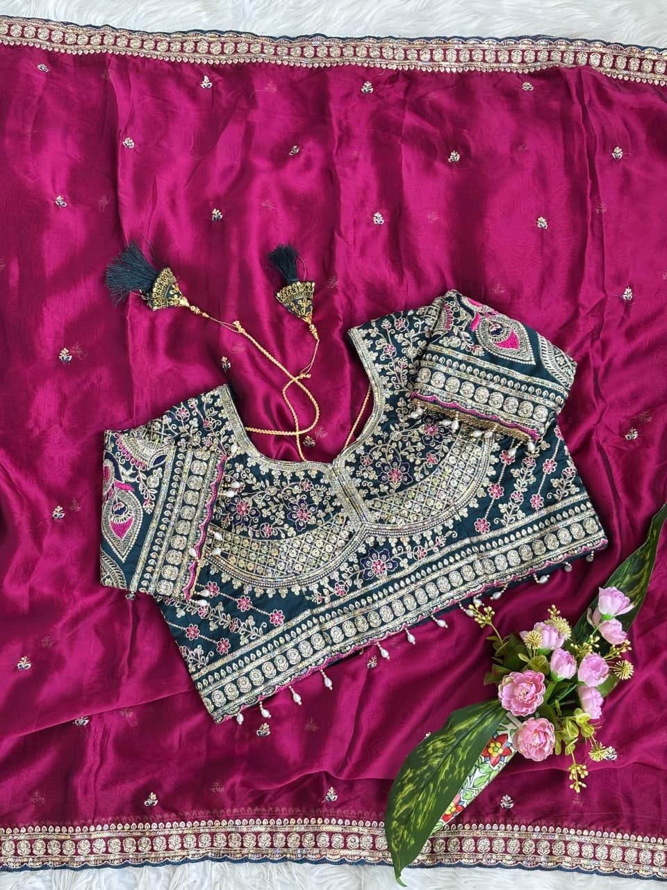 Rani Pink Designer Saree with Heavy Embroidered Blouse