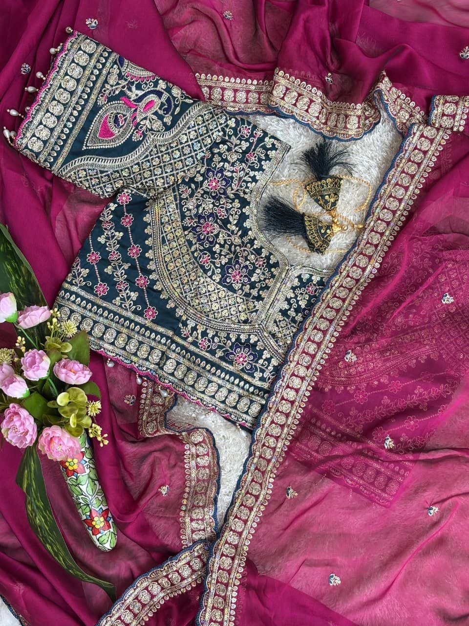 Rani Pink Designer Saree with Heavy Embroidered Blouse