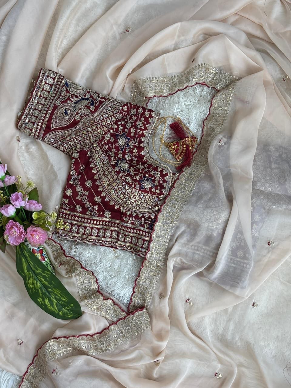 Ivory White Designer Saree with Maroon Embroidered Blouse