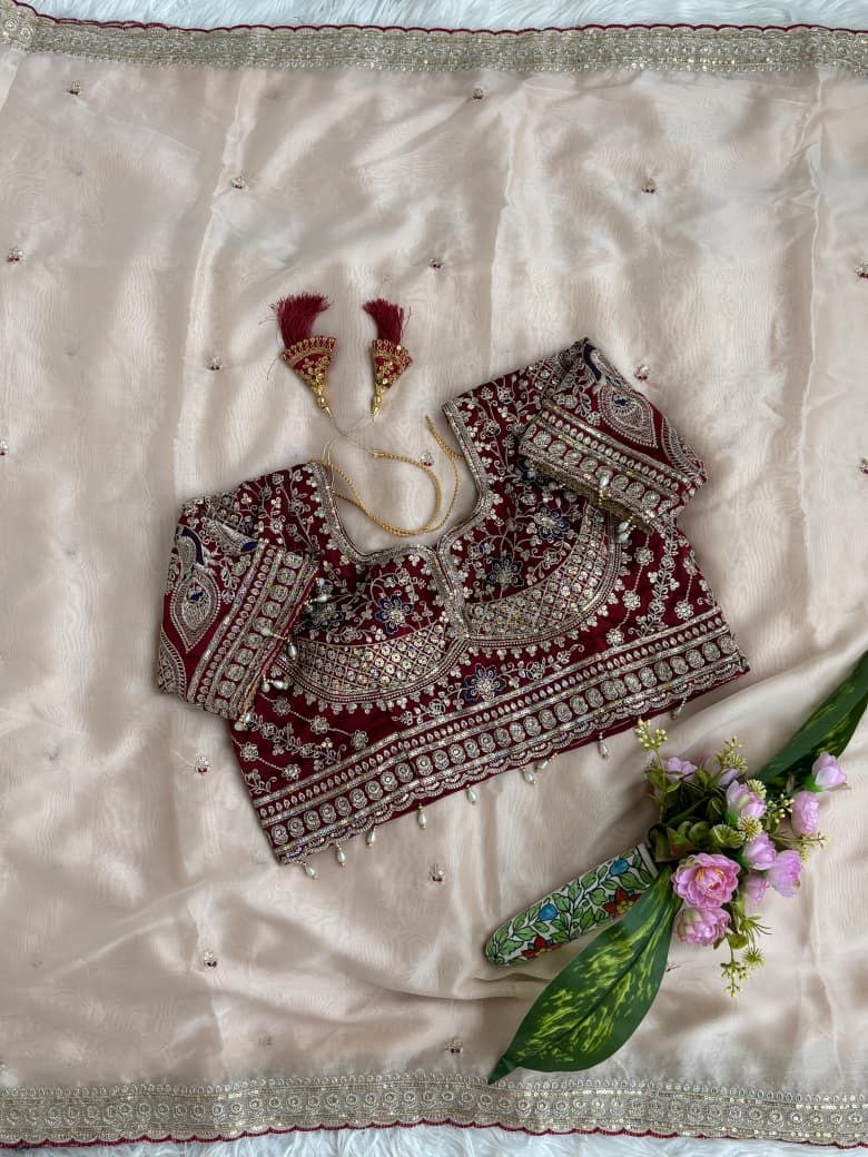 Ivory White Designer Saree with Maroon Embroidered Blouse