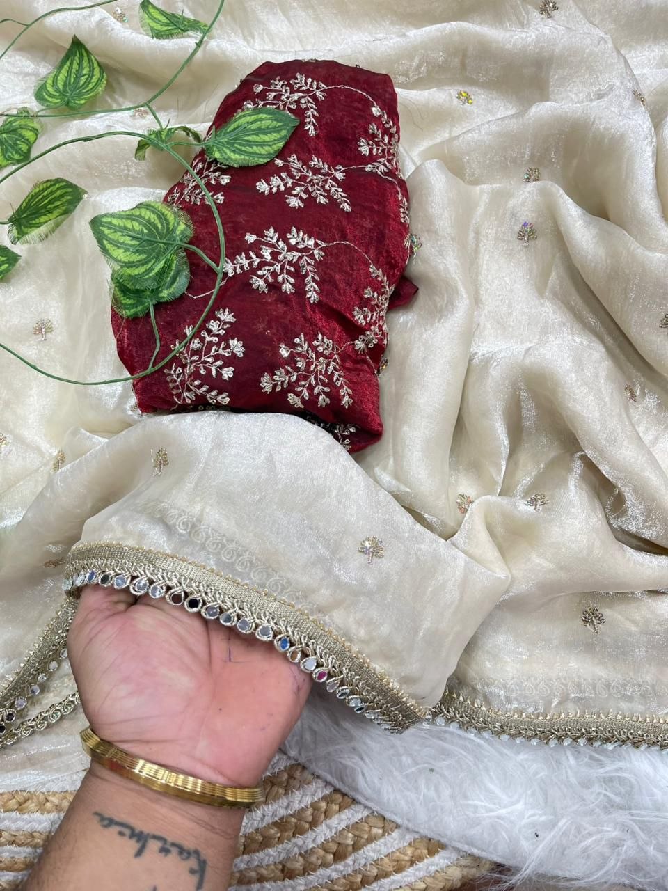 Ivory Organza Saree with Wine Embroidered Designer Blouse