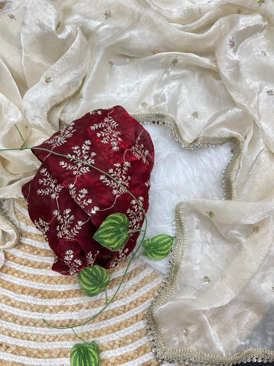 Ivory Organza Saree with Wine Embroidered Designer Blouse