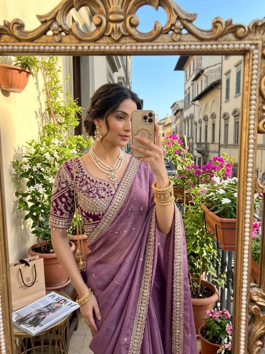 Lavender Pearl Embroidered Designer Saree with Heavy Work Blouse