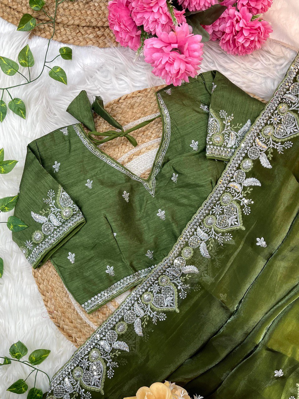 Olive Green  Saree with Heavy White Thread Embroidery & Designer Blouse