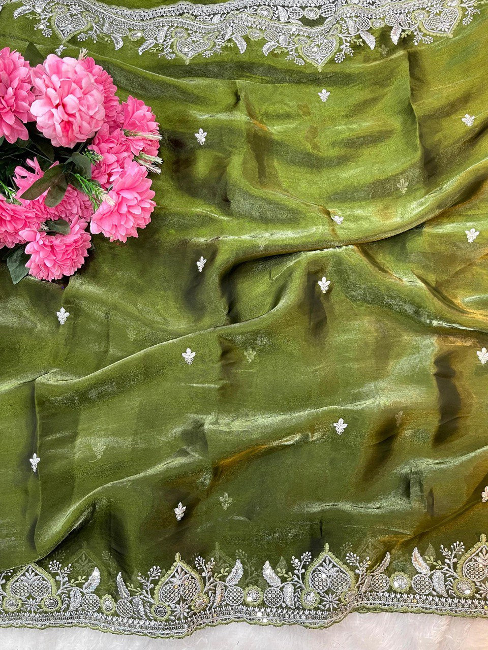 Olive Green  Saree with Heavy White Thread Embroidery & Designer Blouse
