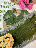 Olive Green  Saree with Heavy White Thread Embroidery & Designer Blouse
