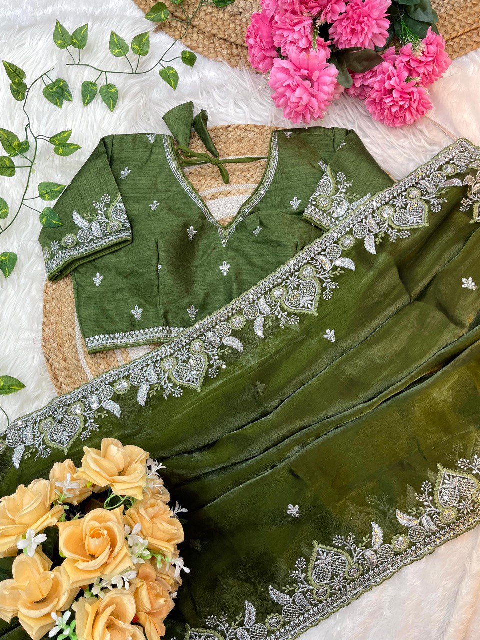 Olive Green  Saree with Heavy White Thread Embroidery & Designer Blouse