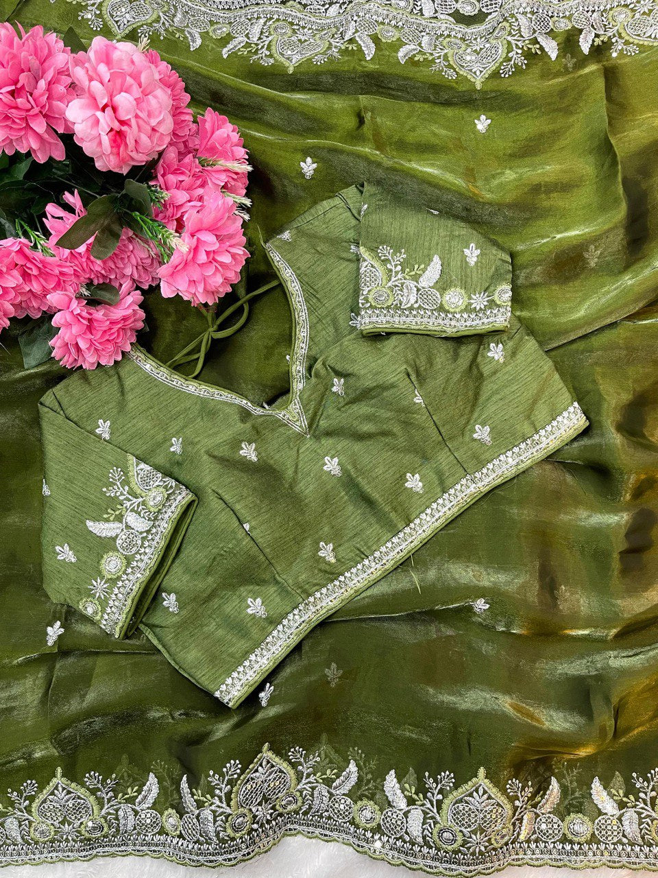 Olive Green  Saree with Heavy White Thread Embroidery & Designer Blouse