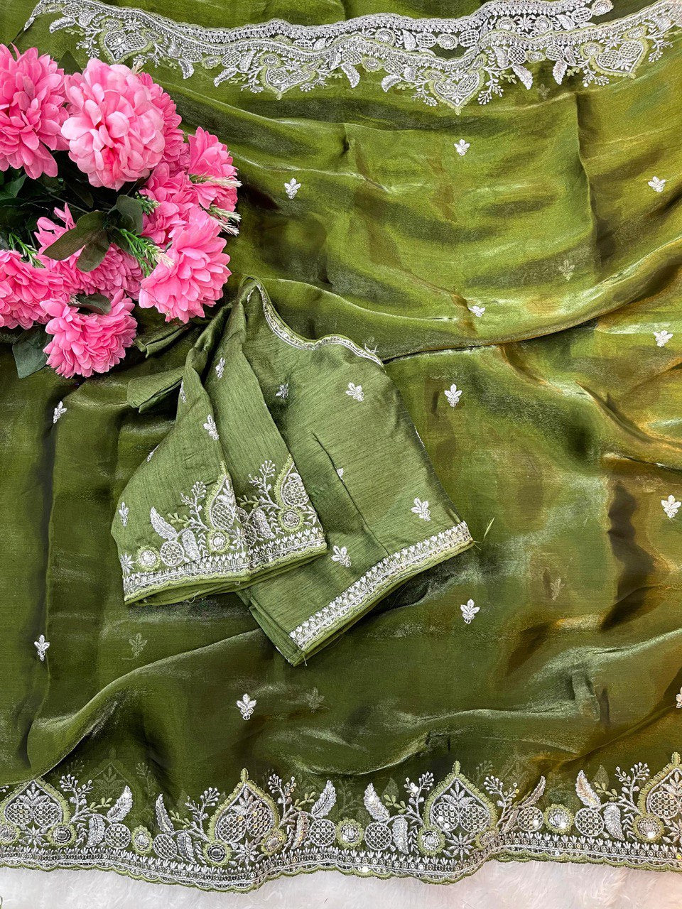 Olive Green  Saree with Heavy White Thread Embroidery & Designer Blouse