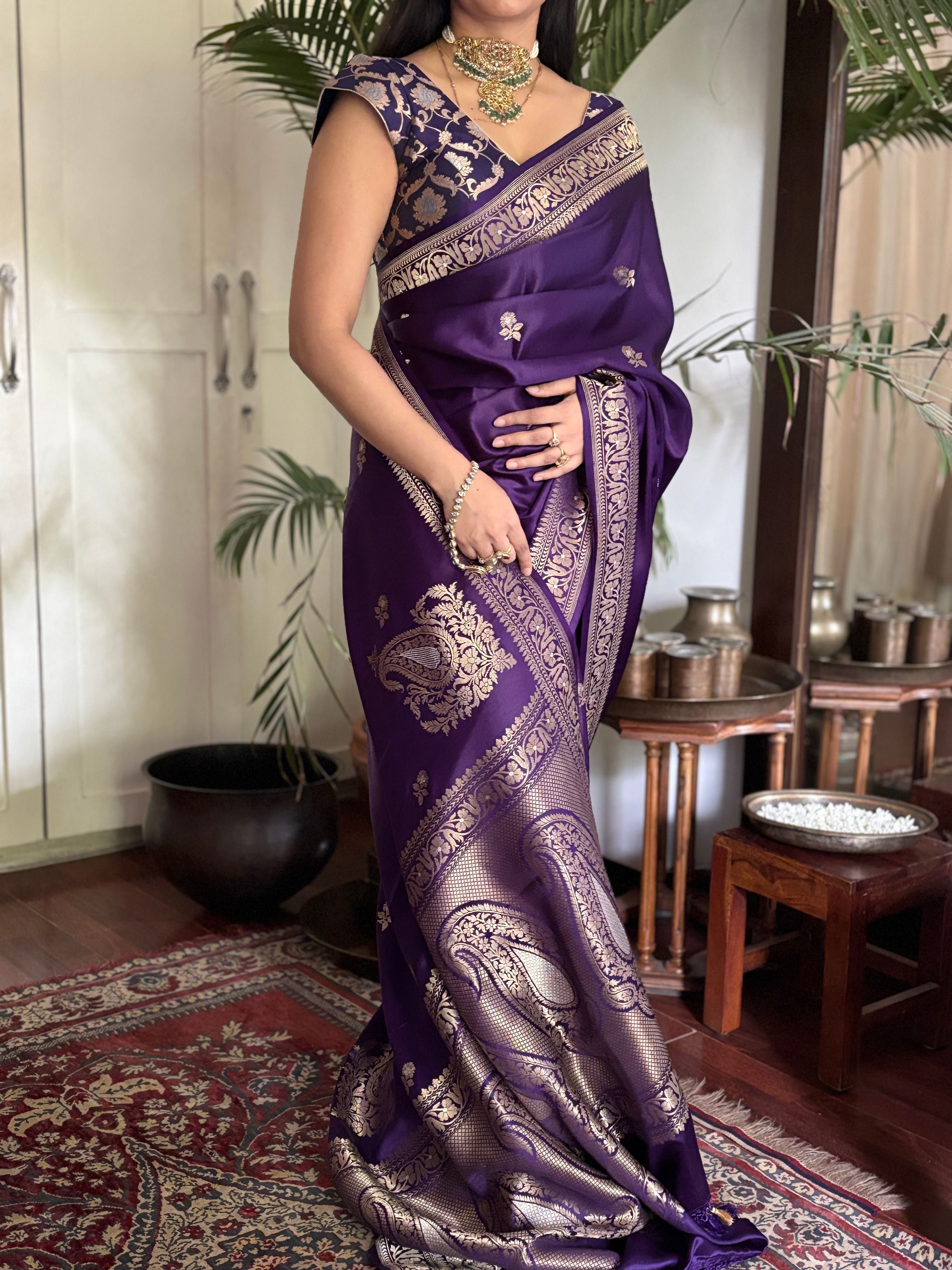 Rohini - Purple Banarasi Silk Saree with Silver Zari Border & Butta Weave