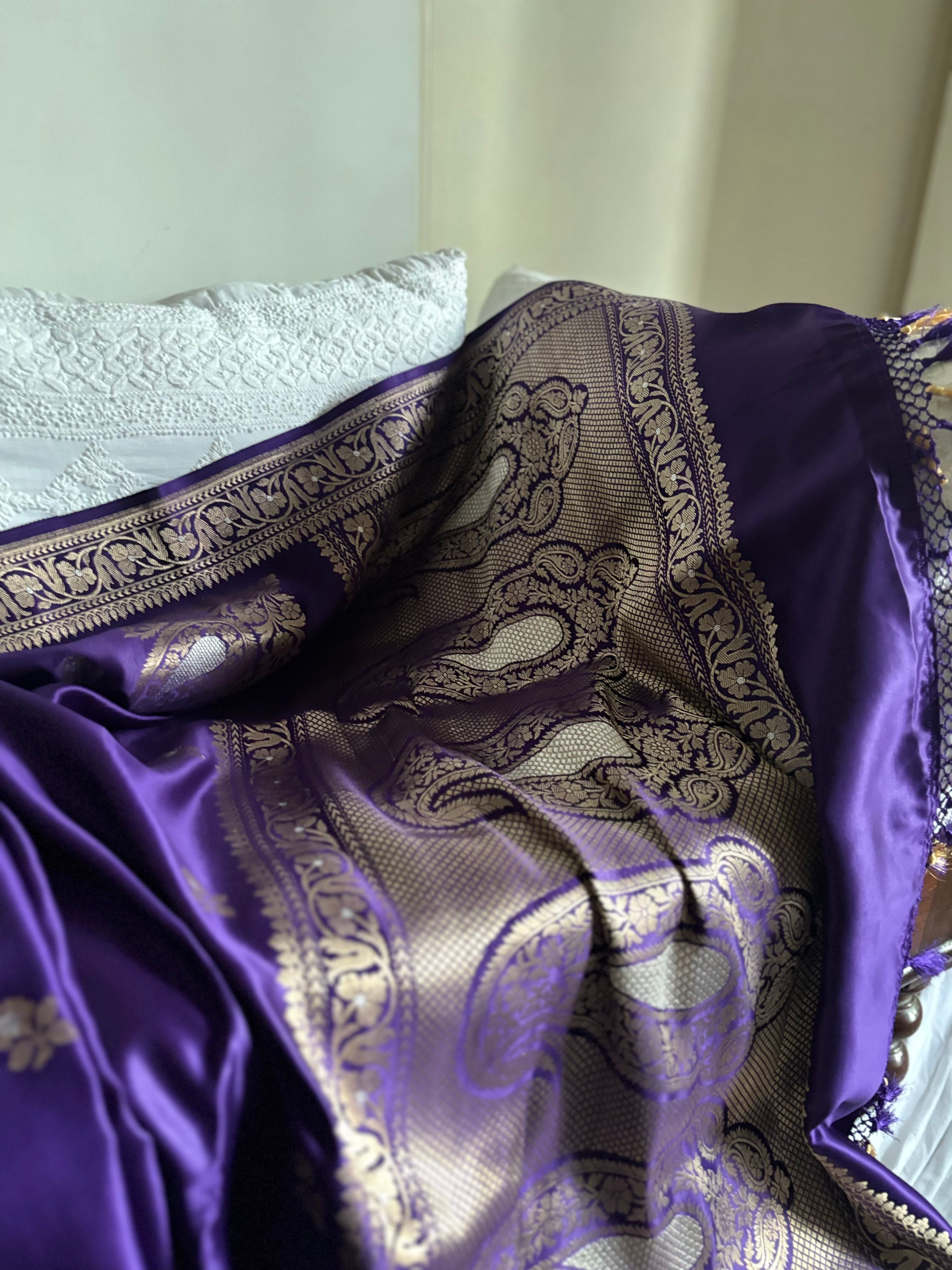 Rohini - Purple Banarasi Silk Saree with Silver Zari Border & Butta Weave