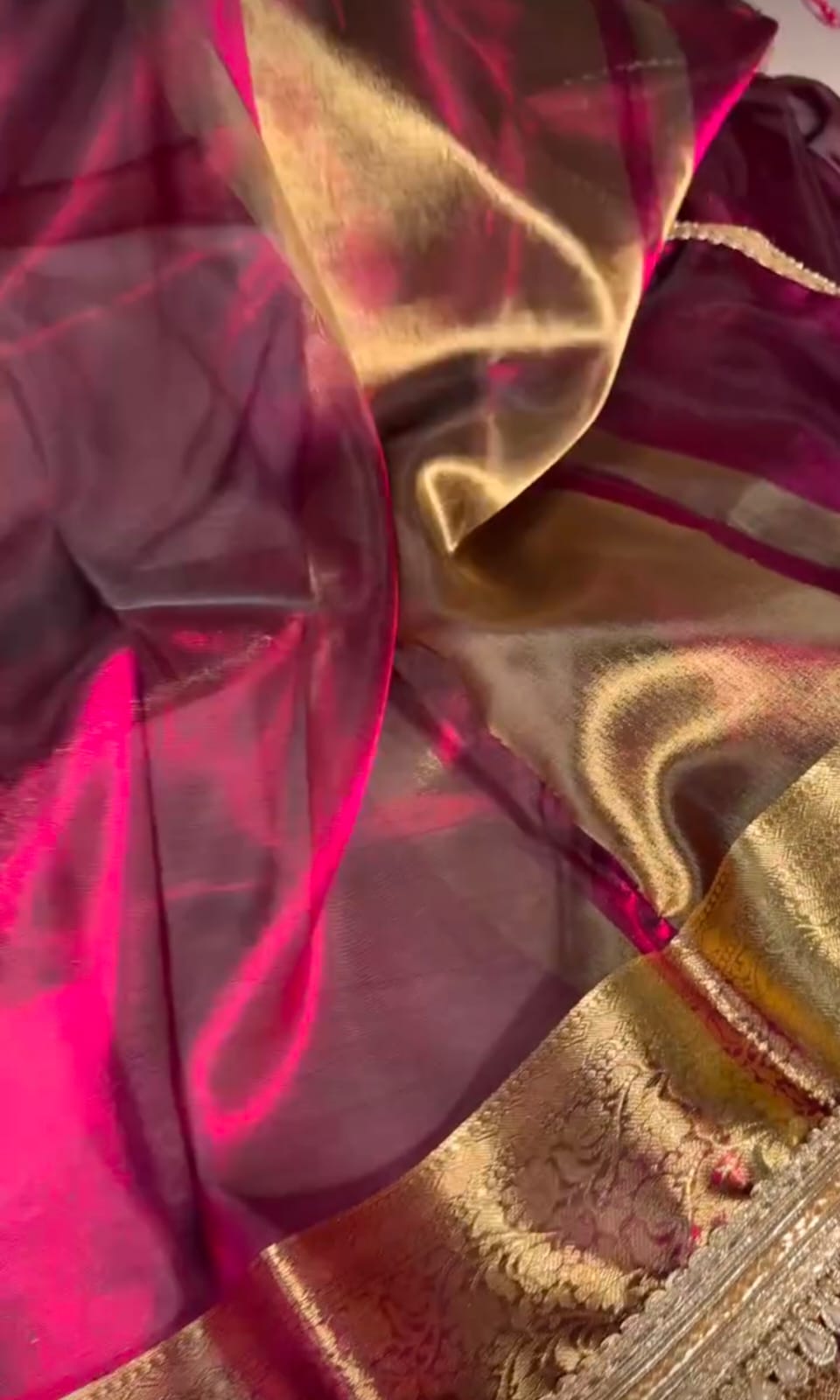Luxury Crimson & Gold  Tissue Silk Saree with Zari Border
