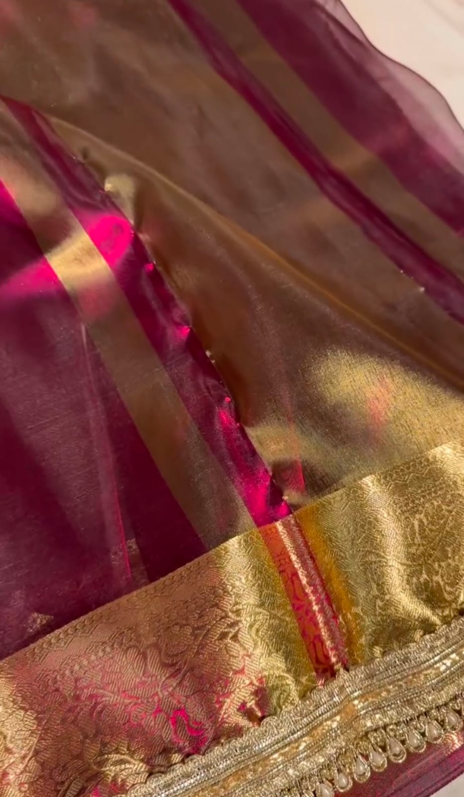 Luxury Crimson & Gold  Tissue Silk Saree with Zari Border