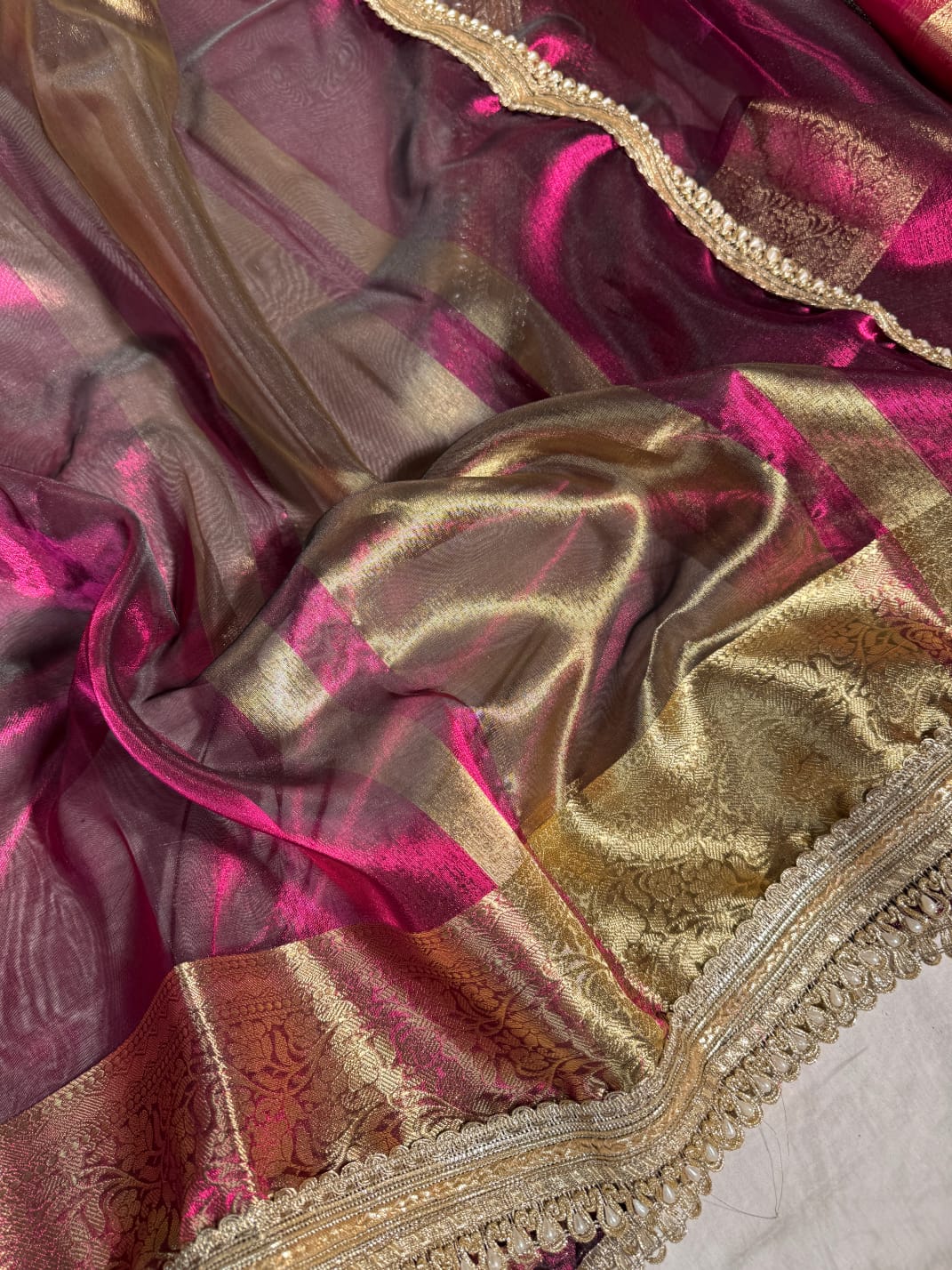 Luxury Crimson & Gold  Tissue Silk Saree with Zari Border