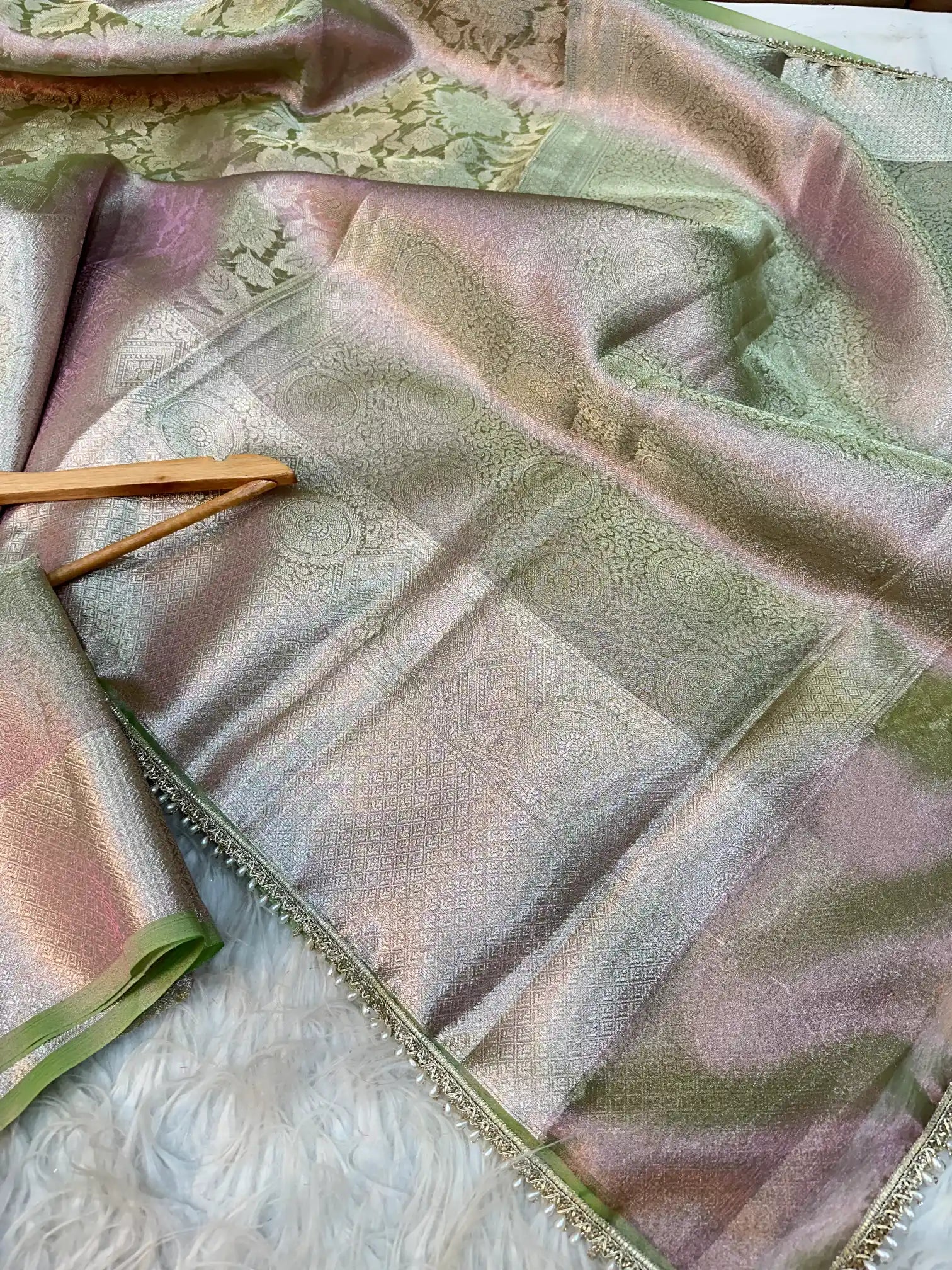 Neon Green Dual Shaded Glass Tissue Silk Moti Lace Designer Banarasi Saree