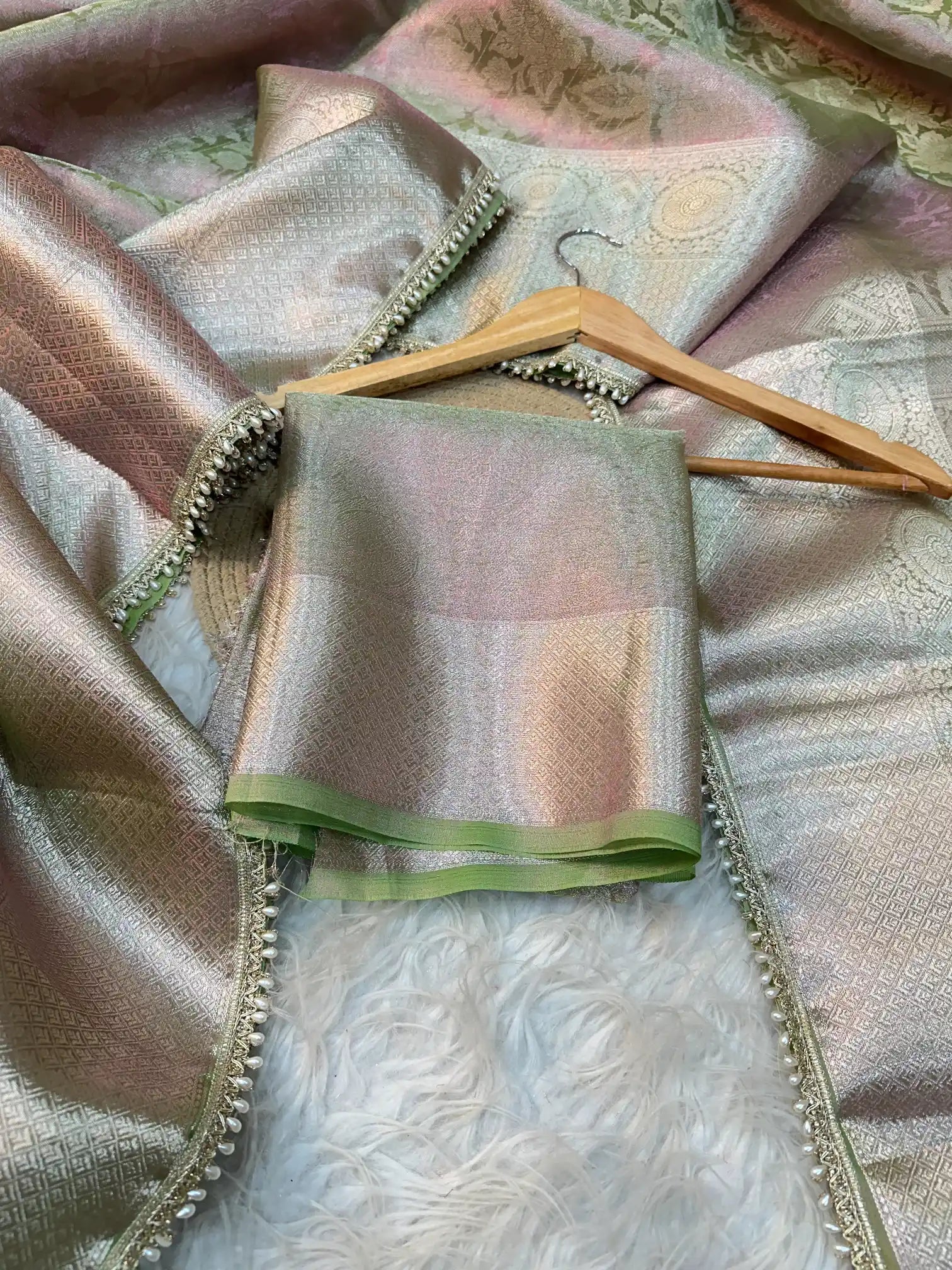 Neon Green Dual Shaded Glass Tissue Silk Moti Lace Designer Banarasi Saree