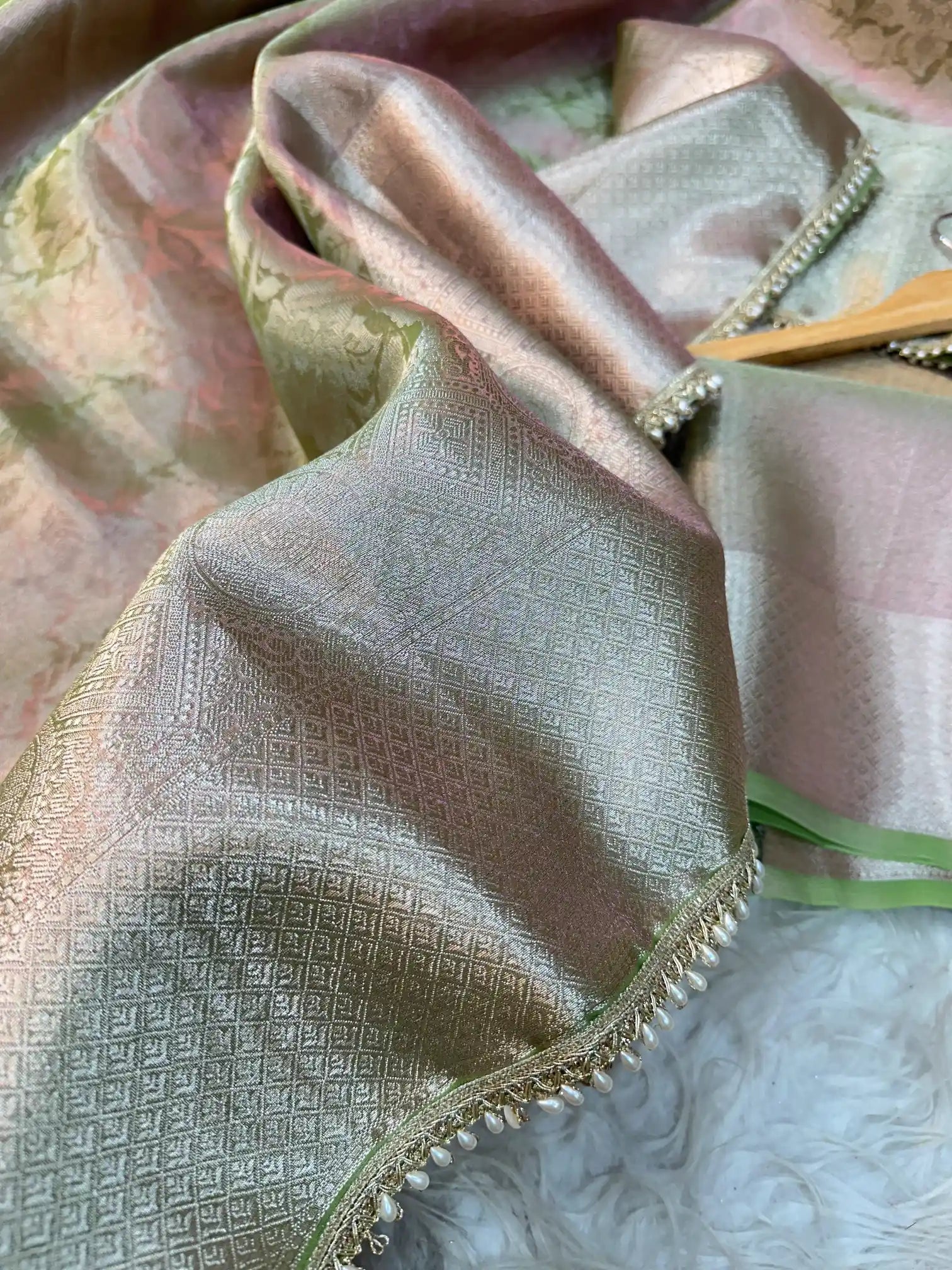 Neon Green Dual Shaded Glass Tissue Silk Moti Lace Designer Banarasi Saree
