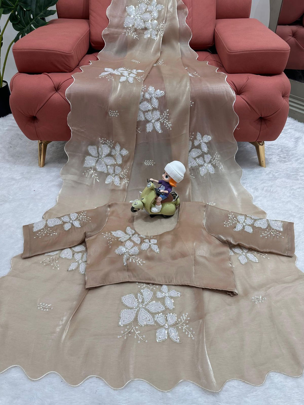 Elegant Ivory Shimmery Tissue Silk Saree with Floral Sequins Work