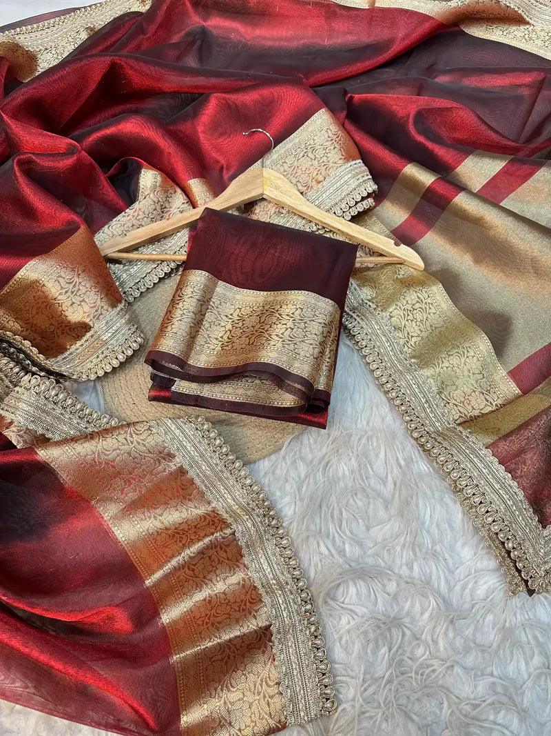 Subtle Carmine Red Tissue Silk Moti Lace Designer Banarasi Saree