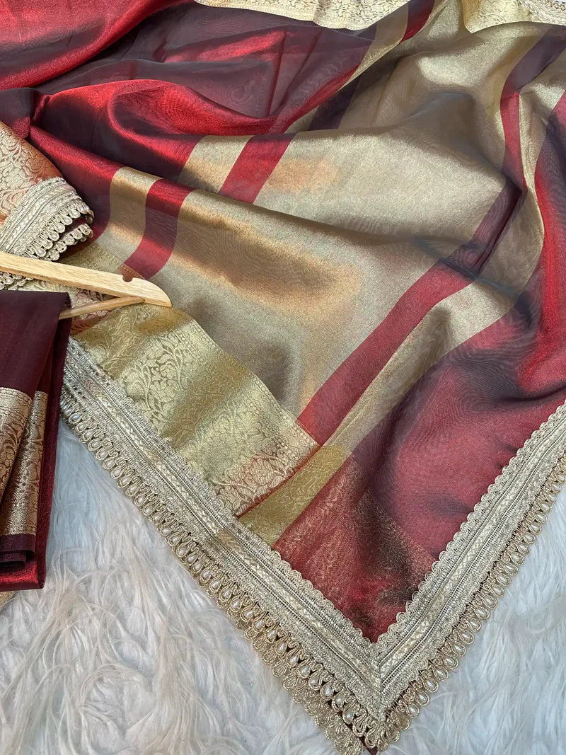 Subtle Carmine Red Tissue Silk Moti Lace Designer Banarasi Saree