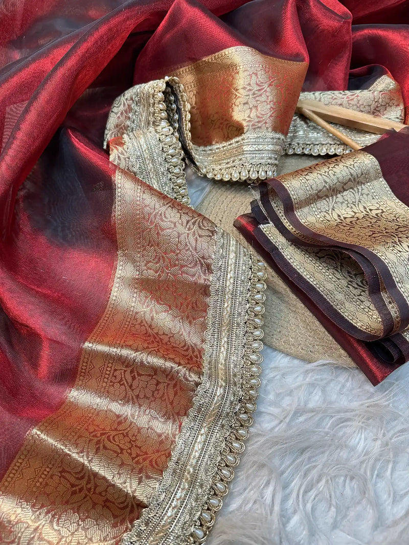Subtle Carmine Red Tissue Silk Moti Lace Designer Banarasi Saree