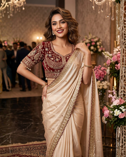 Ivory White Designer Saree with Maroon Embroidered Blouse