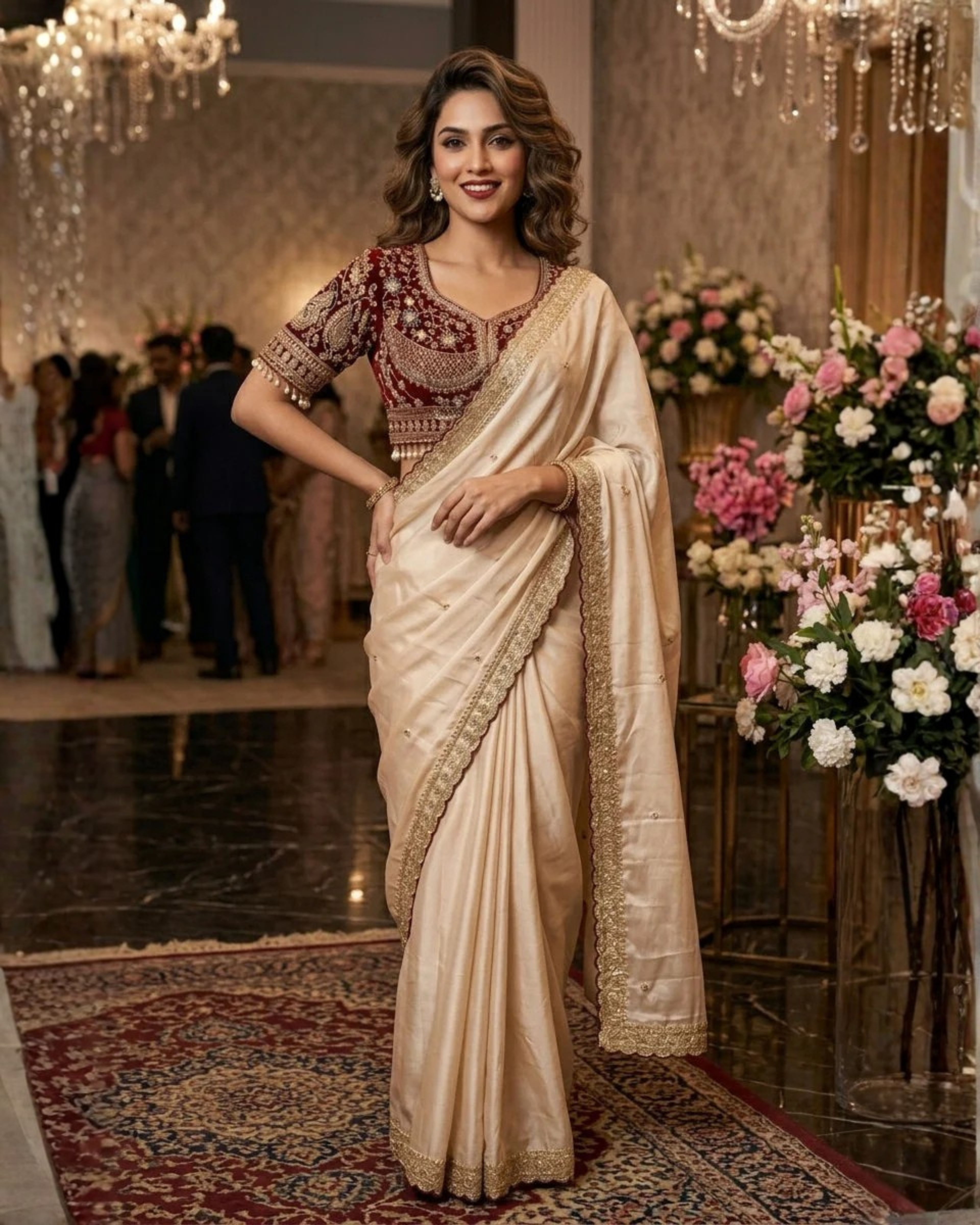 Ivory White Designer Saree with Maroon Embroidered Blouse