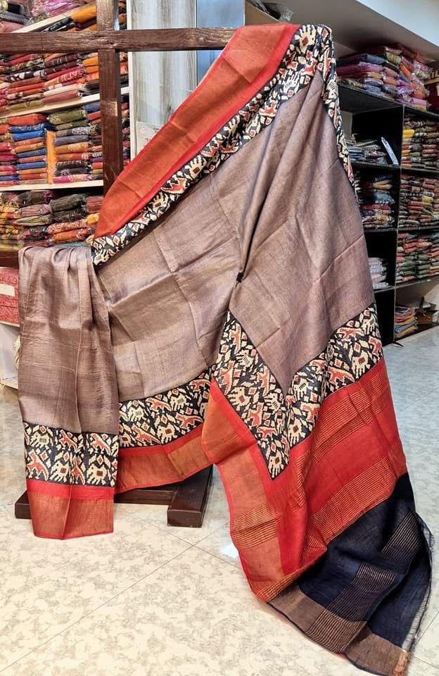 Tussar Handprint Sarees with Elegant Kanchi Pallu in Grey