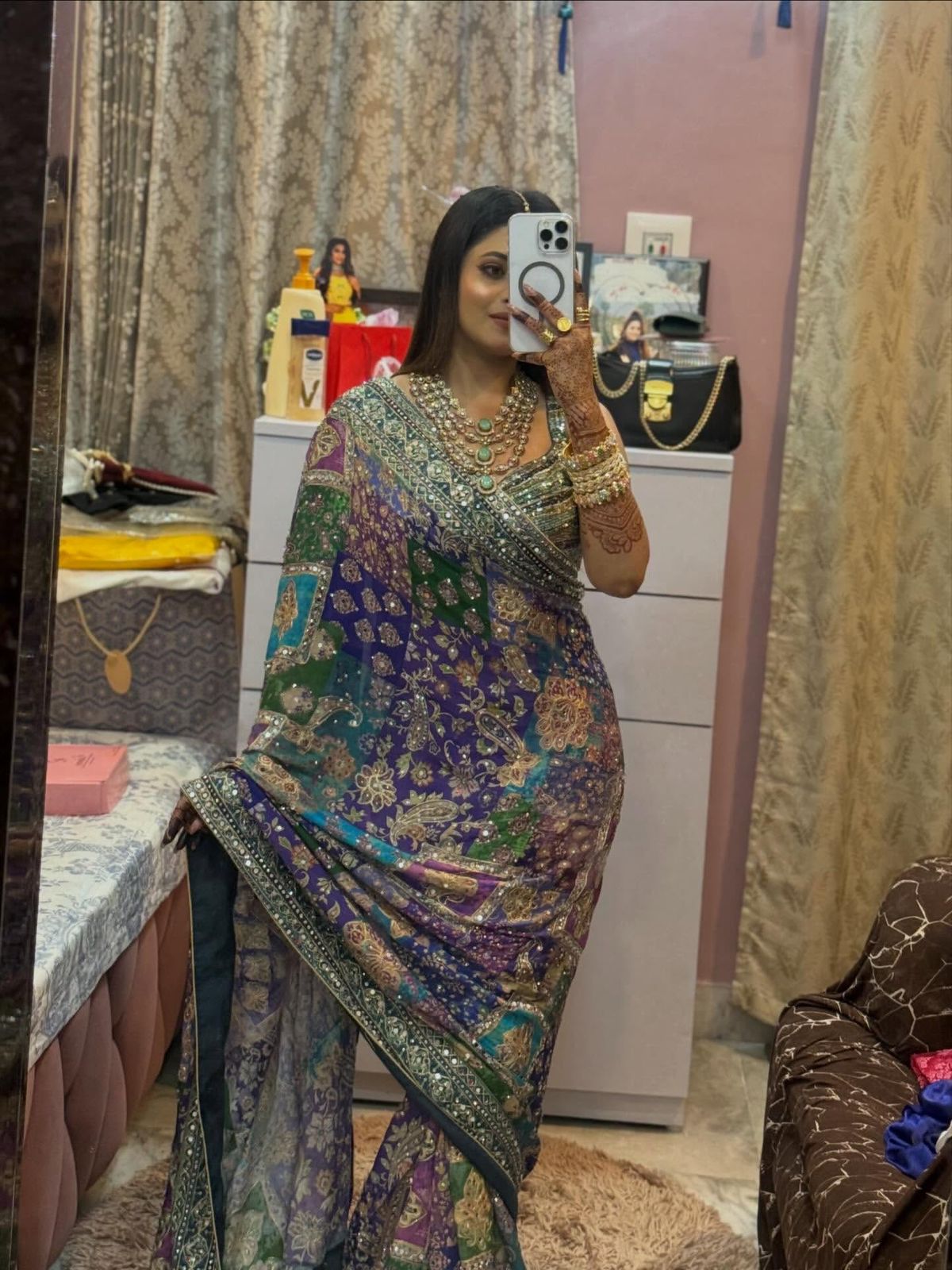 Blue Soft Chinnon Saree With Gold Zari & Mirror Work