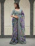 Blue Soft Chinnon Saree With Gold Zari & Mirror Work