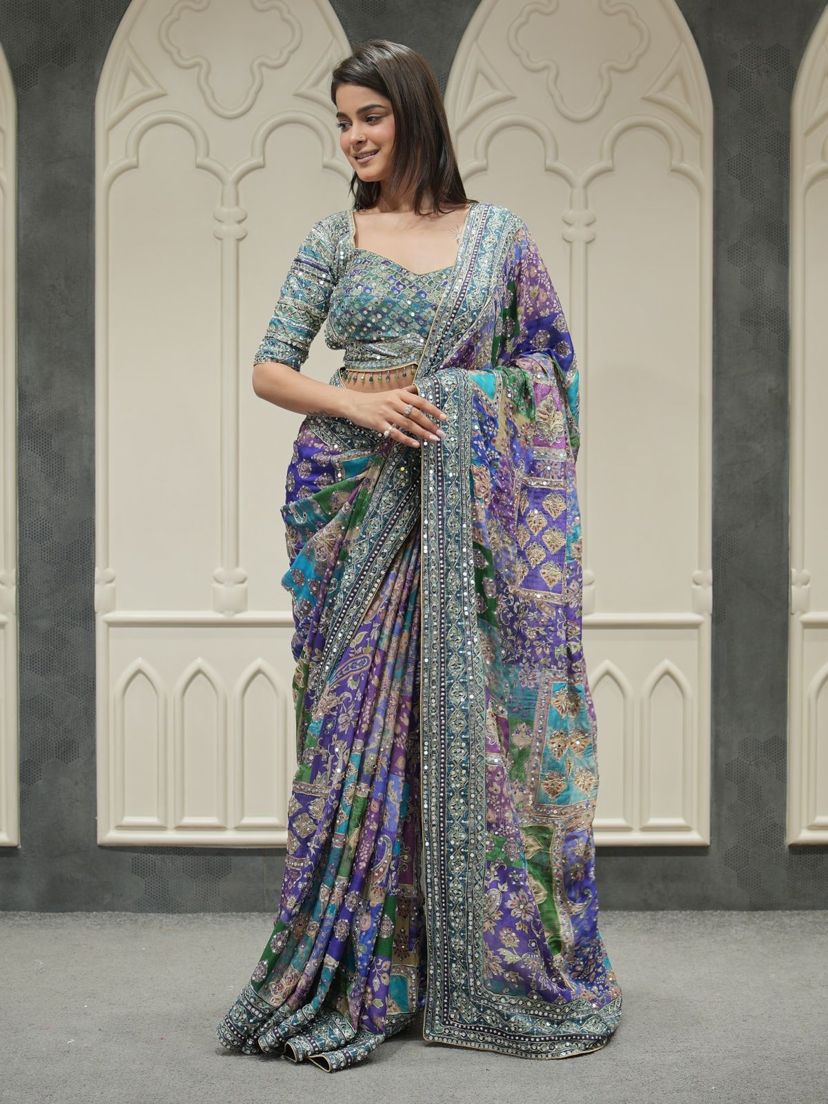 Blue Soft Chinnon Saree With Gold Zari & Mirror Work