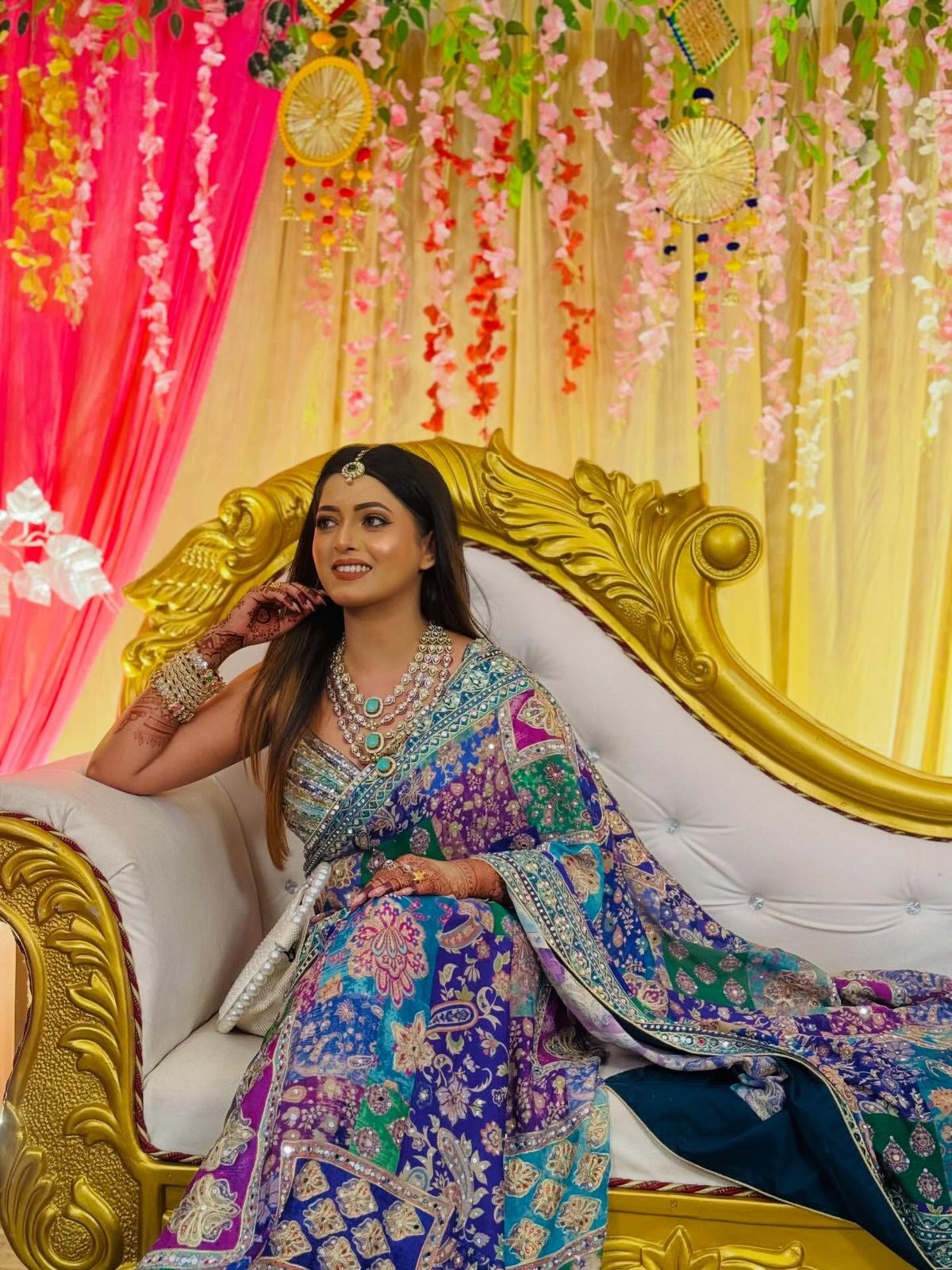 Blue Soft Chinnon Saree With Gold Zari & Mirror Work